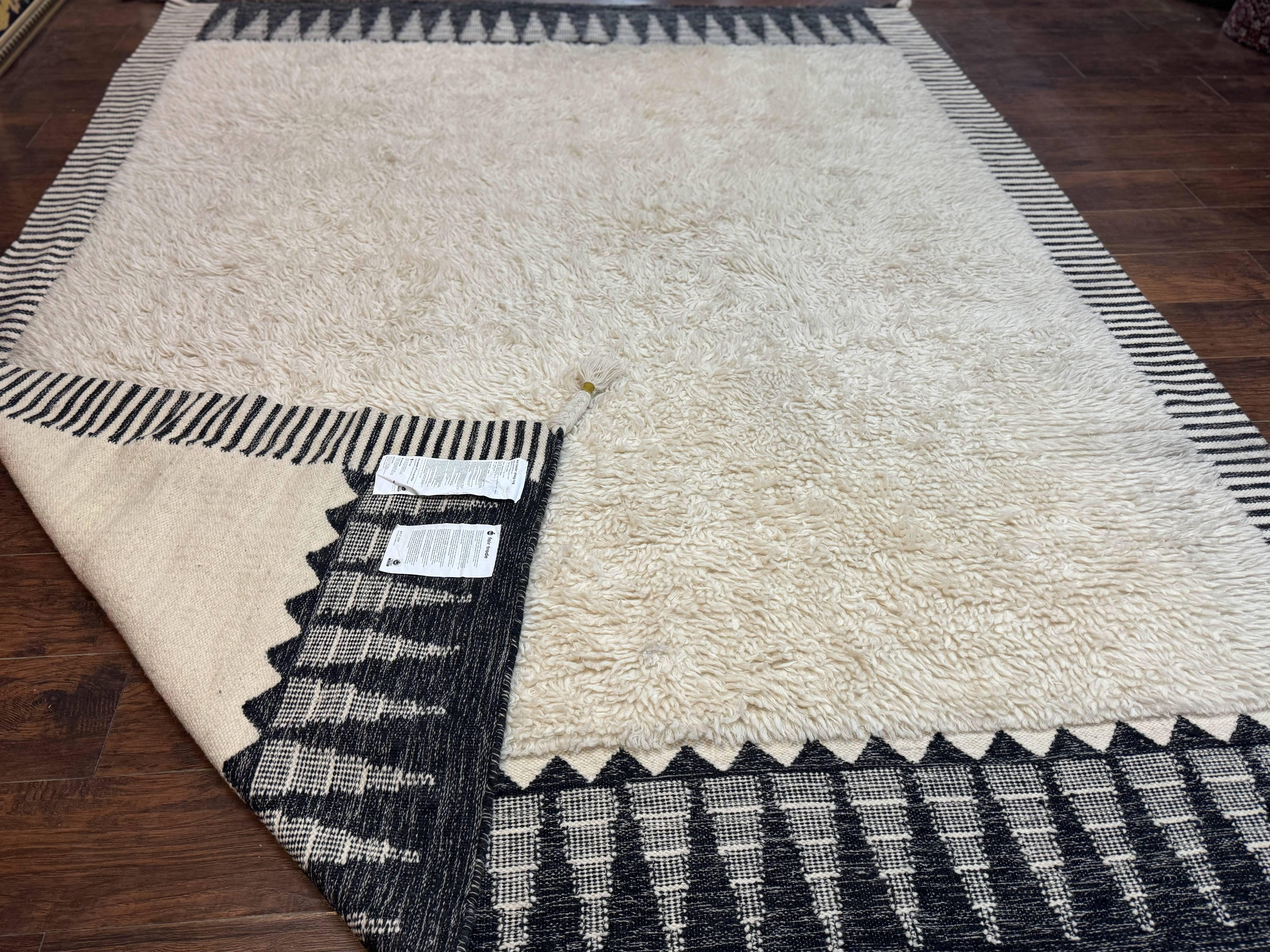 Ikat Border Shag Rug 8x10, Handmade Indian Shag Rug, Modern Contemporary - Jewel Rugs