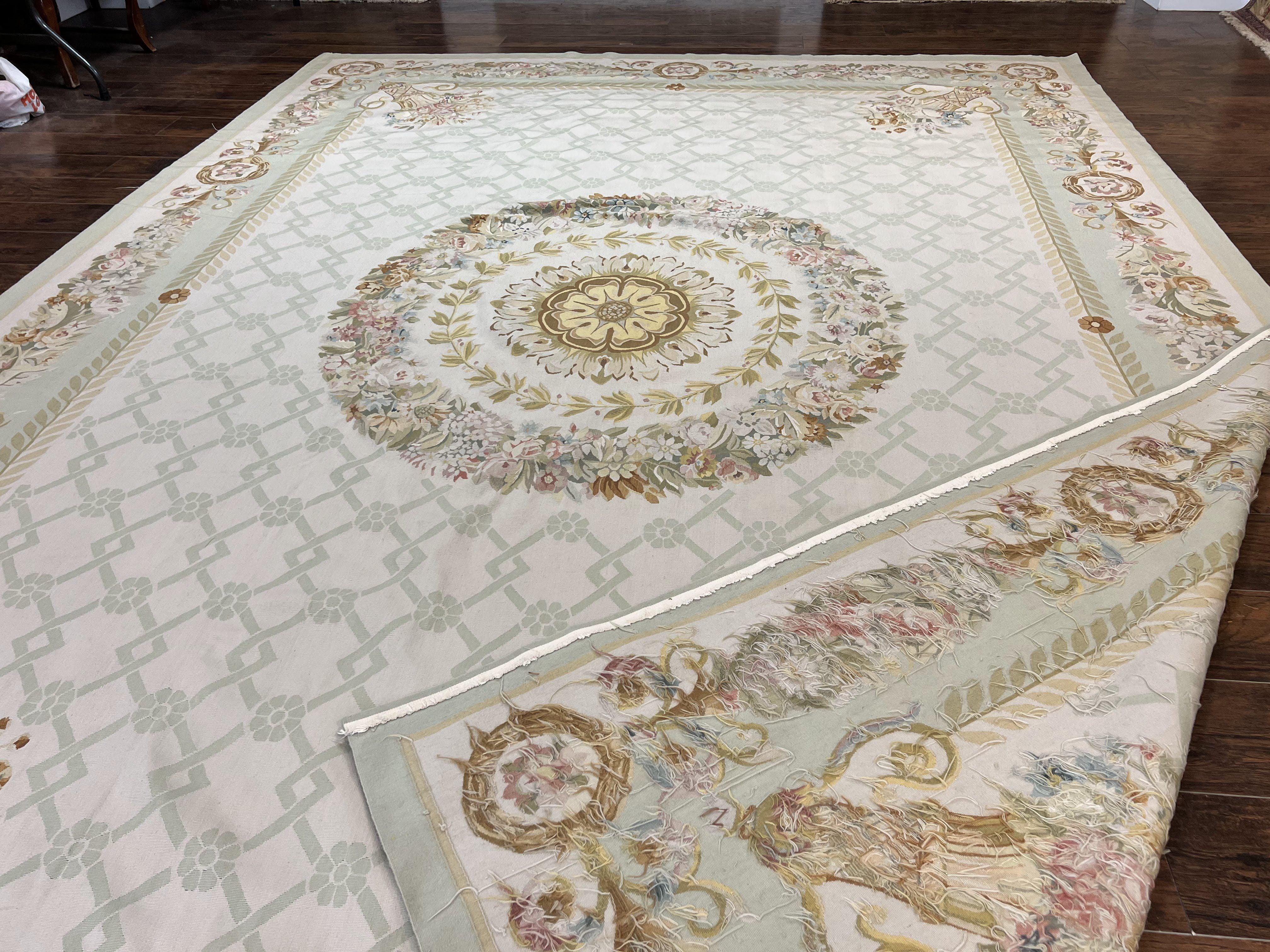 10x14 Aubusson Rug, Wool Handmade Vintage Carpet, French European Design, Elegant - Jewel Rugs
