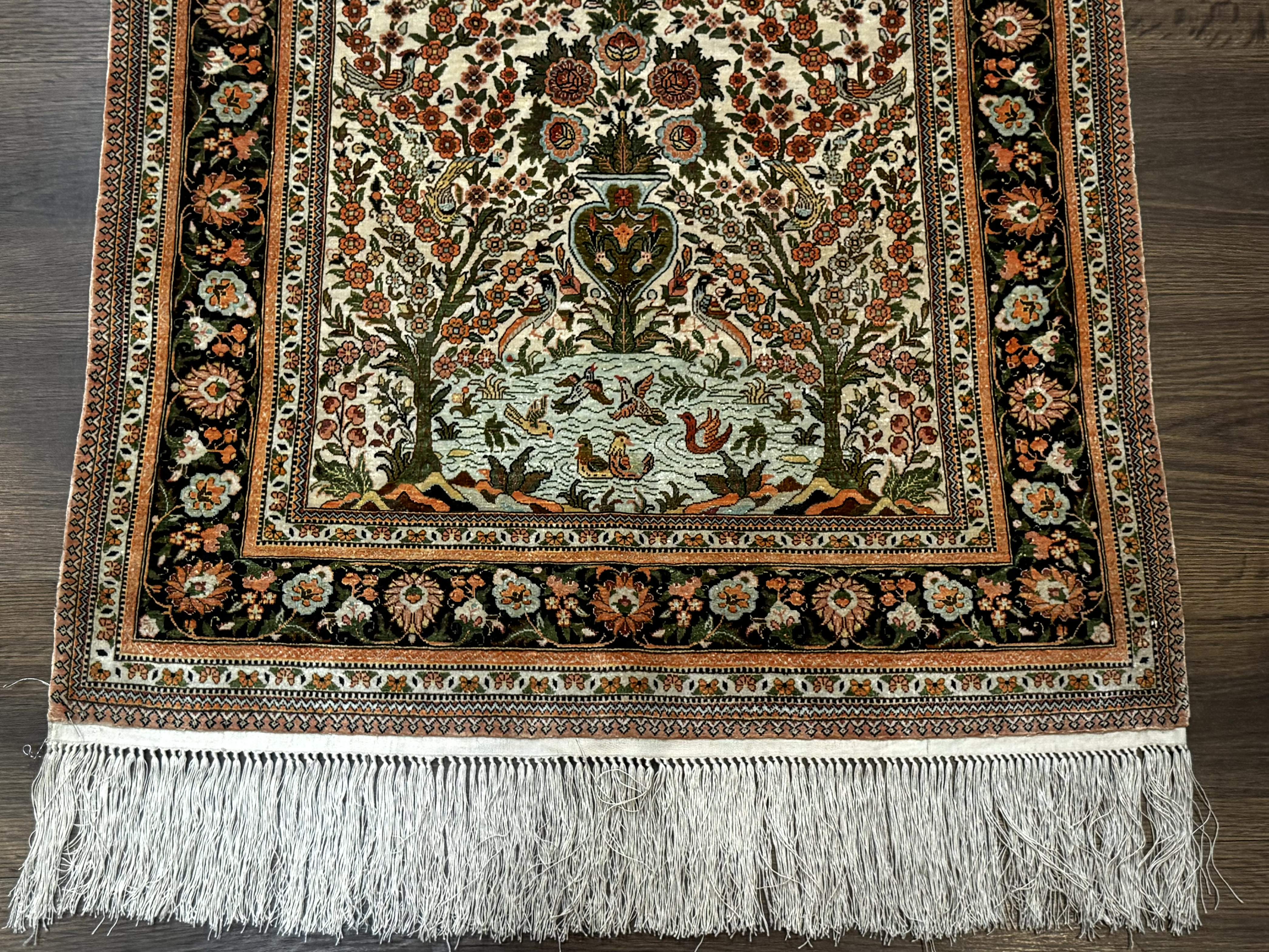 Exceptional Silk Rug 2.6 x 4, Very Fine 630 KPSI, Persian Vase Tree of Life Bird Pictorials, Handmade - Jewel Rugs