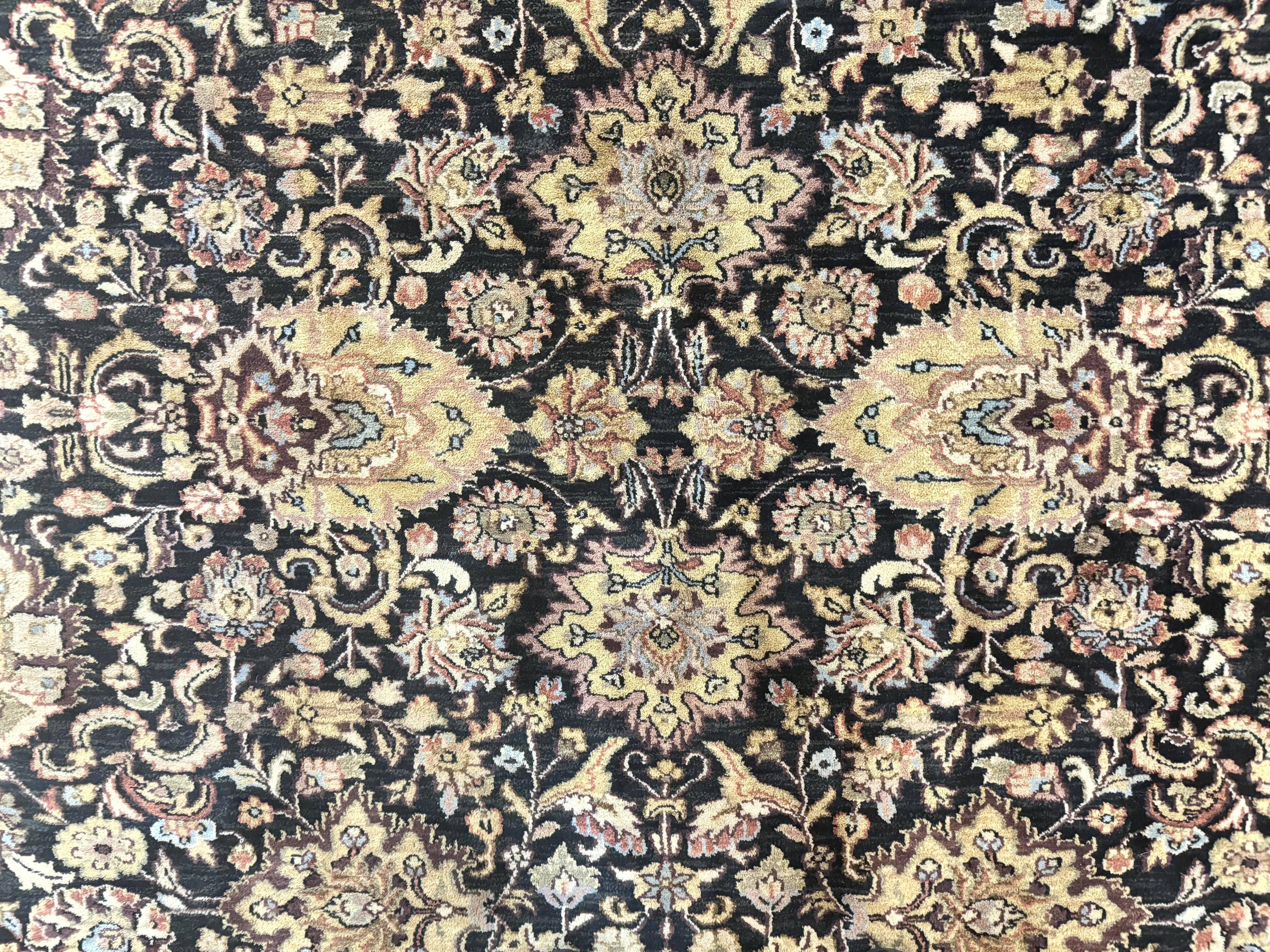 Indo Persian Rug 9x12, Floral Allover, Midnight Blue, Handmade Vintage Wool Oriental Carpet - Jewel Rugs