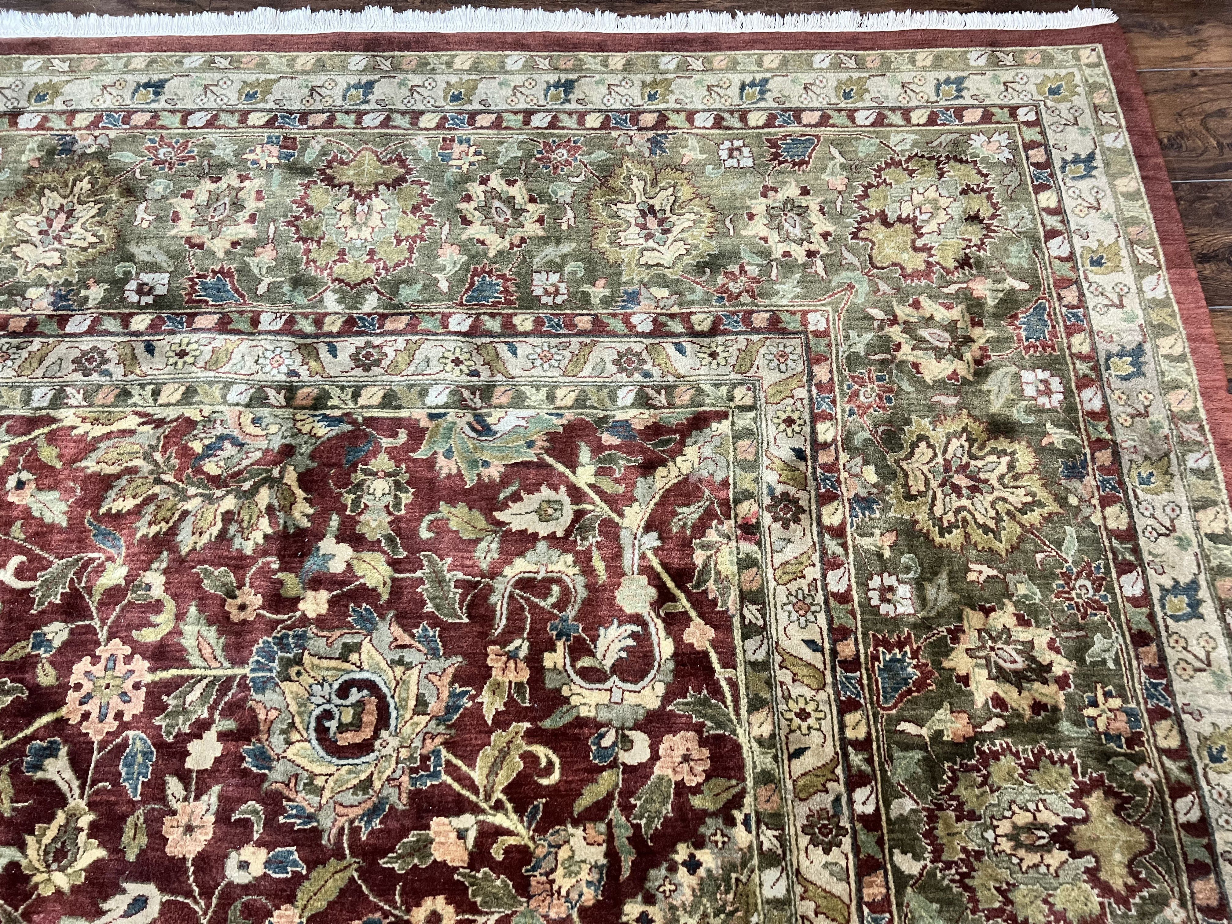 Indian Agra Rug 12x15, Oversized Extra Large Wool Hand Knotted Vintage Oriental Carpet, Burgundy & Olive Green, Floral Allover Rug 12 x 15 - Jewel Rugs