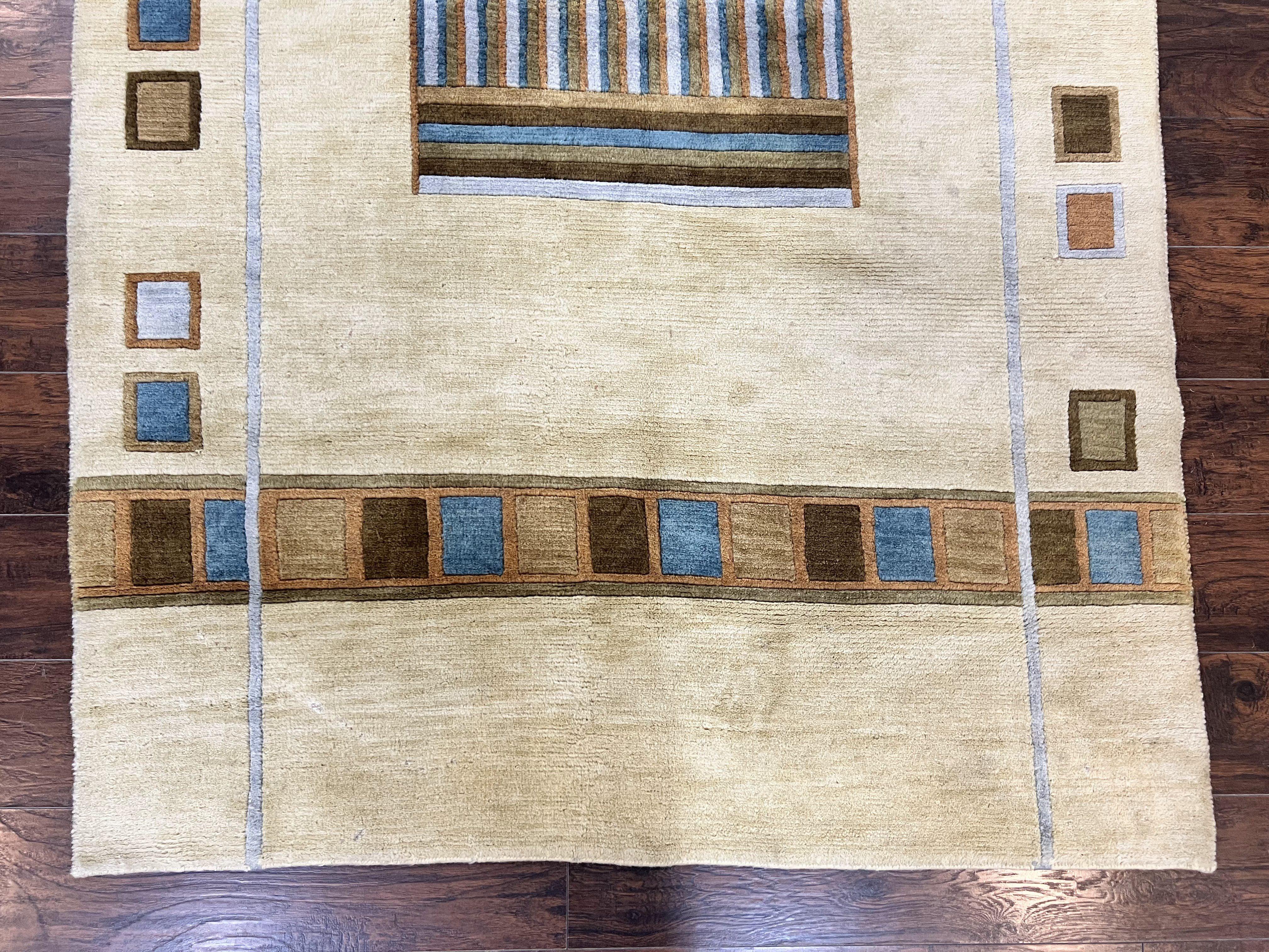 Tibetan Rug 5x8, Contemporary Rug 5 x 8 ft, Cream Brown Blue Hand-Knotted Wool w/ Silk Highlights Tibetan Carpet, Modern Rug - Jewel Rugs