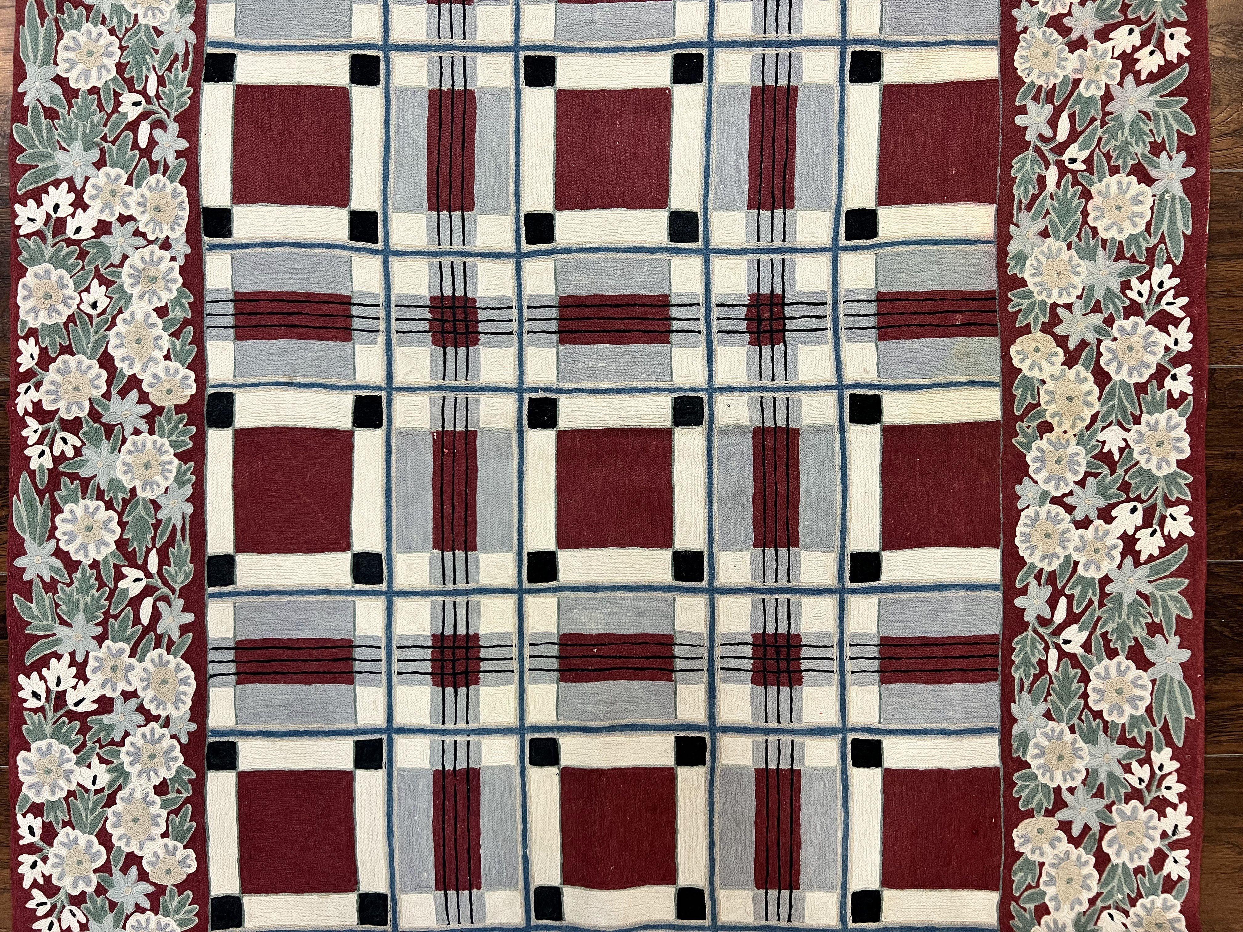 Indian Hand Stitched Rug 4x6, Vintage Carpet, Checkerboard Floral Pattern, Maroon Ivory, Flatweave, Wool - Jewel Rugs