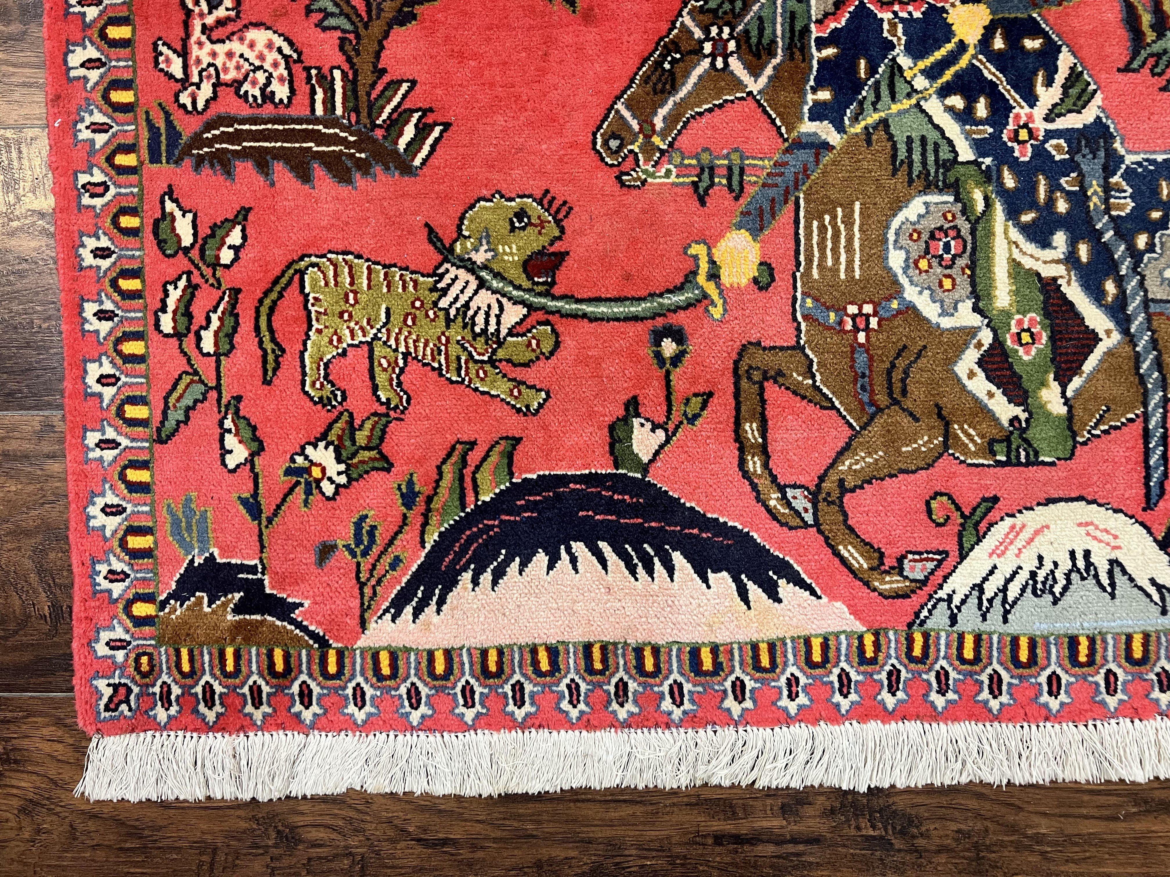 Persian Kashan Hunting Rug 4x3, Wool Hand-Knotted Vintage Carpet, Semi Antique Pictoral Rug, Red, Horsemen Lion Animal Pictorials - Jewel Rugs