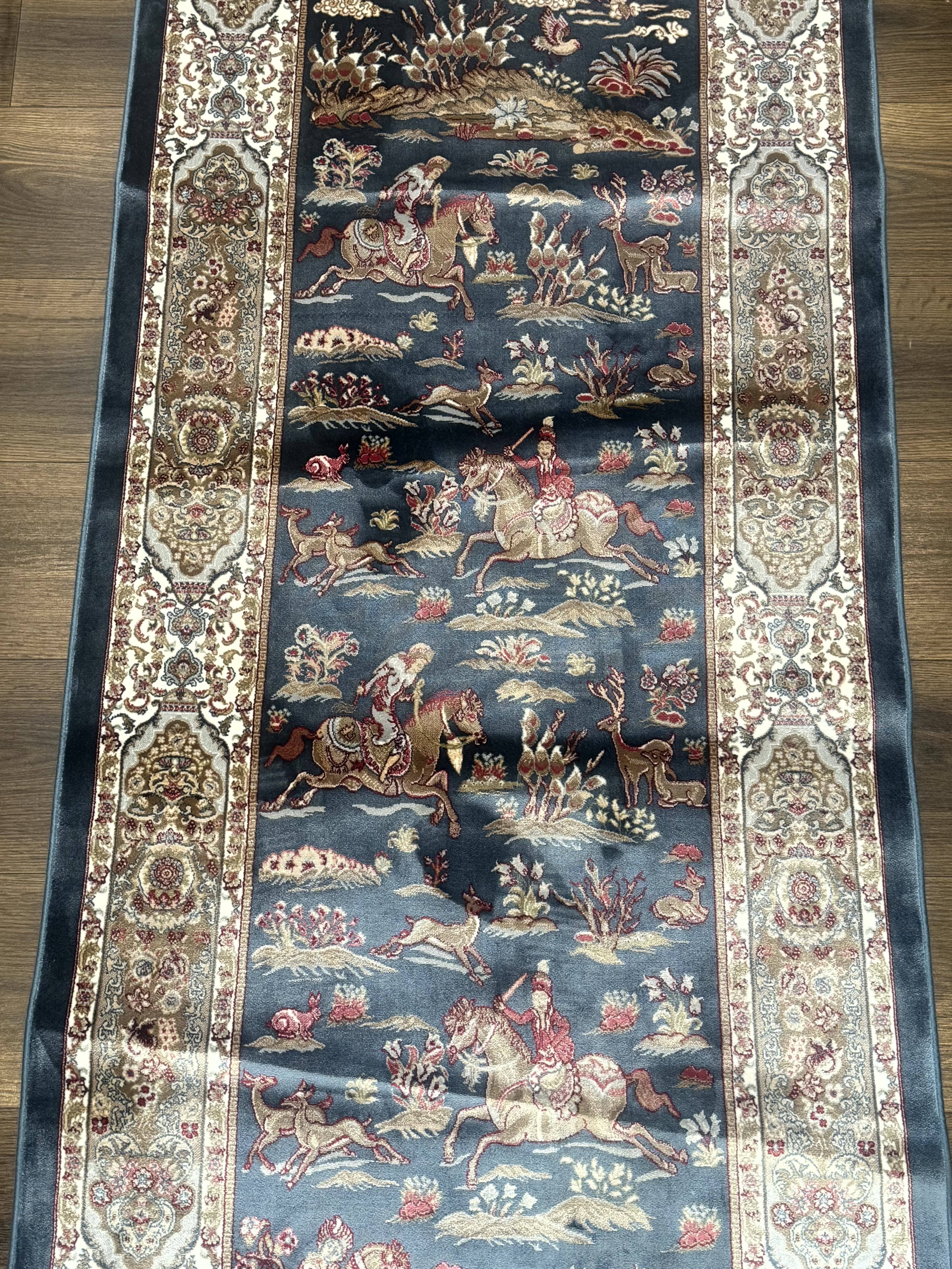 Turkish Silk Rug 2.6 x 6.7, Short Runner Rug, Blue & Ivory, Bamboo Silk, New - Jewel Rugs