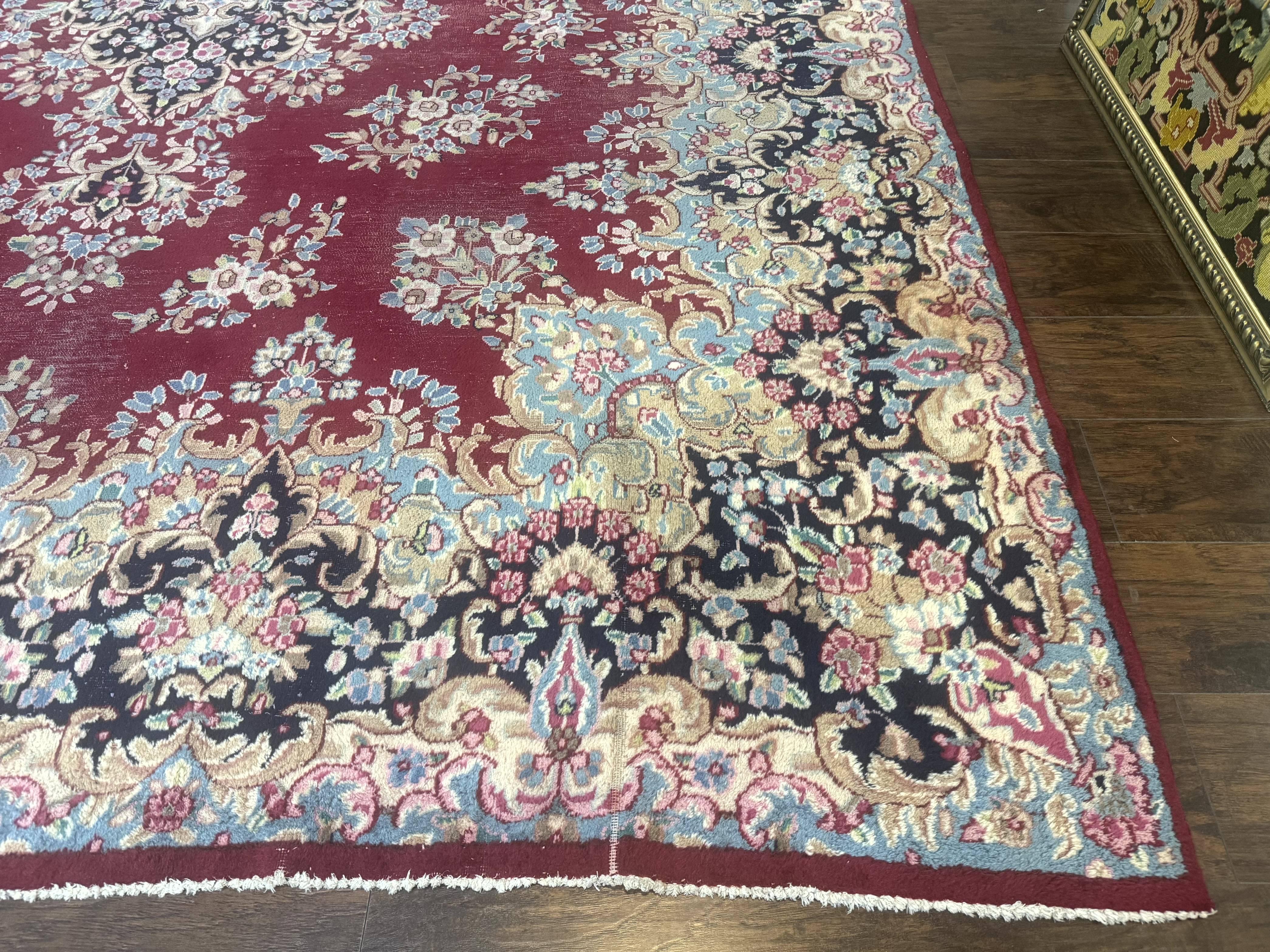 Persian Kerman Rug 10x12, Raspberry Red and Navy Blue, Traditional Persian Carpet - Jewel Rugs