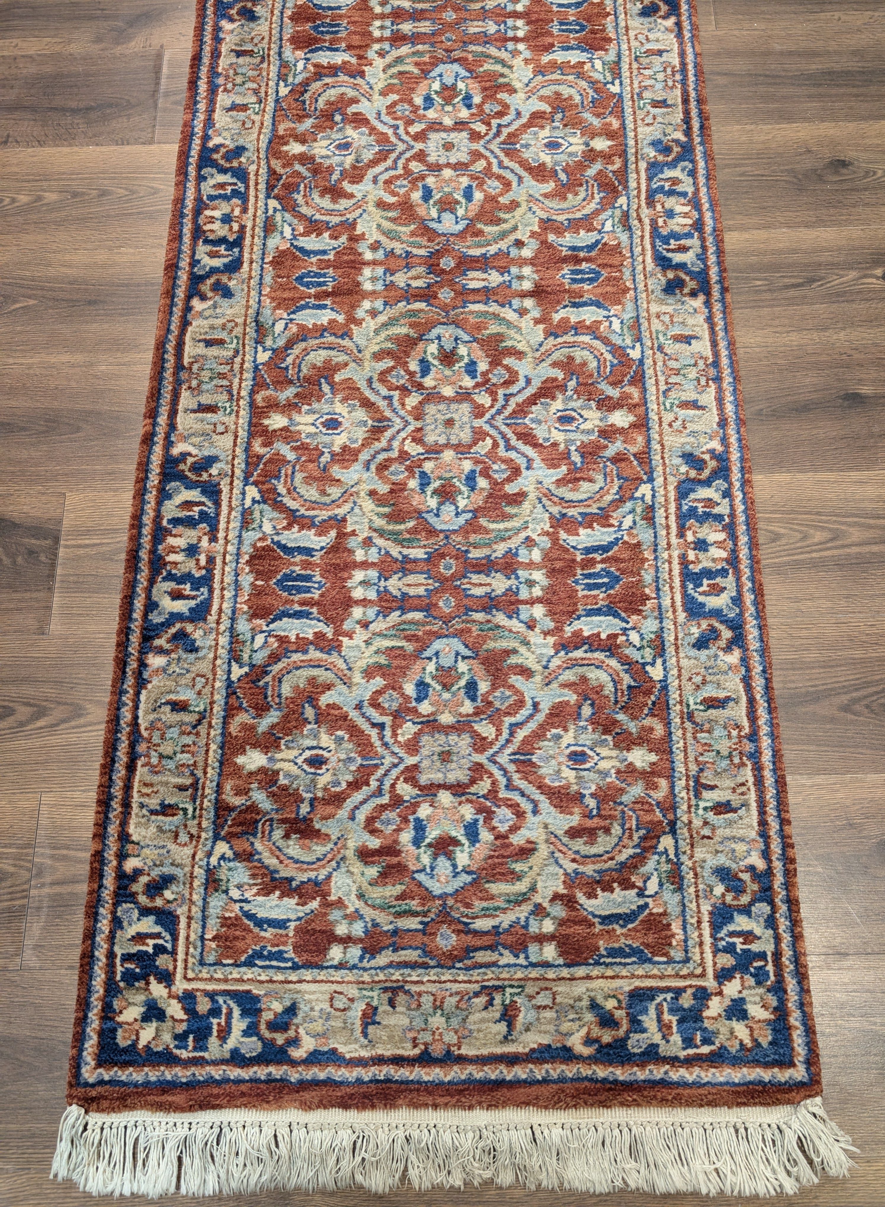 Indo Persian Runner Rug 2.6 x 16, Long Narrow Rug for Hallway, Brick Red and Blue - Jewel Rugs