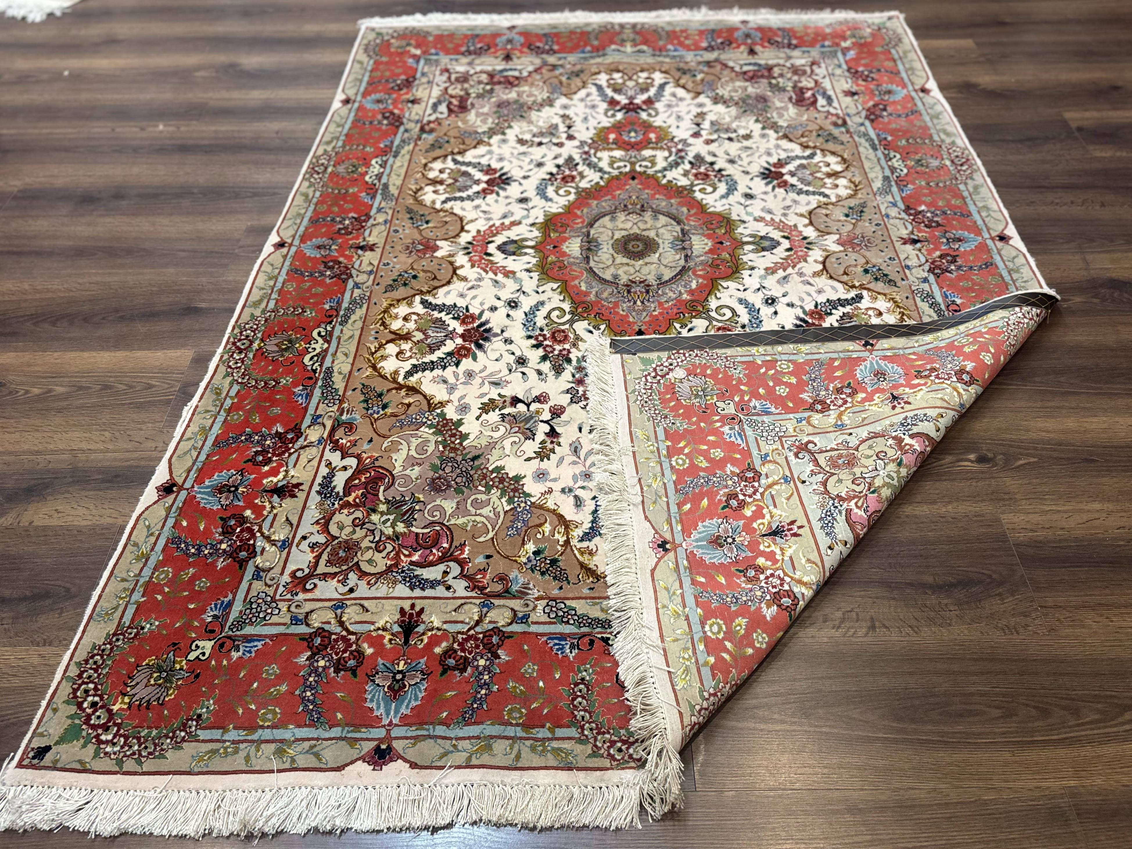 Wonderful Persian Tabriz Rug 5x7, Very Fine 440 KPSI, Ivory and Coral, Rare - Jewel Rugs