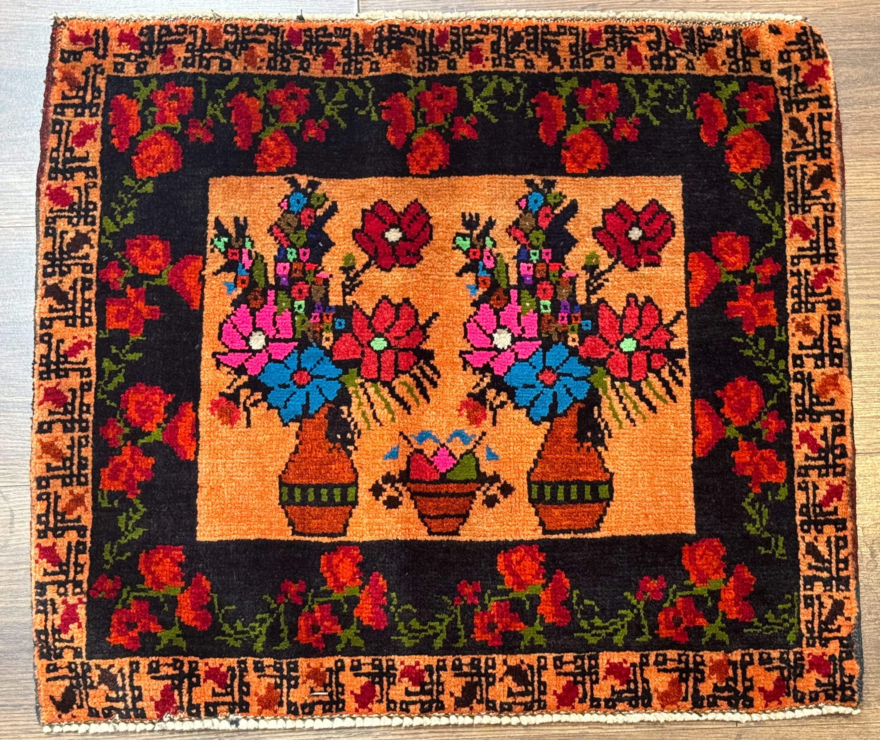 Small Persian Balouchi Rug 2x2, Floral Vases, Tribal Rug - Jewel Rugs