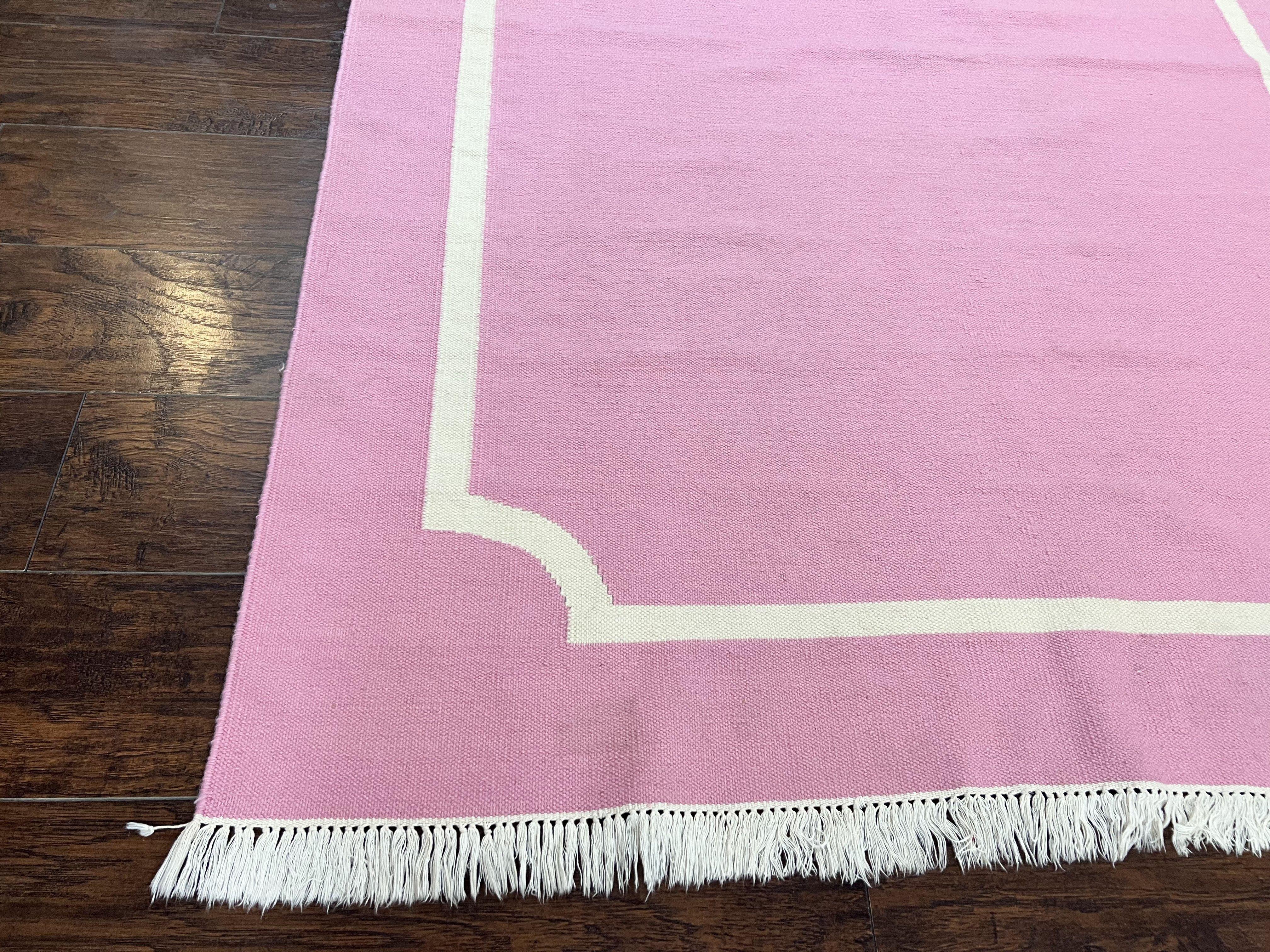 Indian Dhurrie Rug 5x8, Wool Handmade Contemporary Carpet, Pink Flatweave Kilim Area Rug, Medium Sized Rug 5 x 8 ft - Jewel Rugs