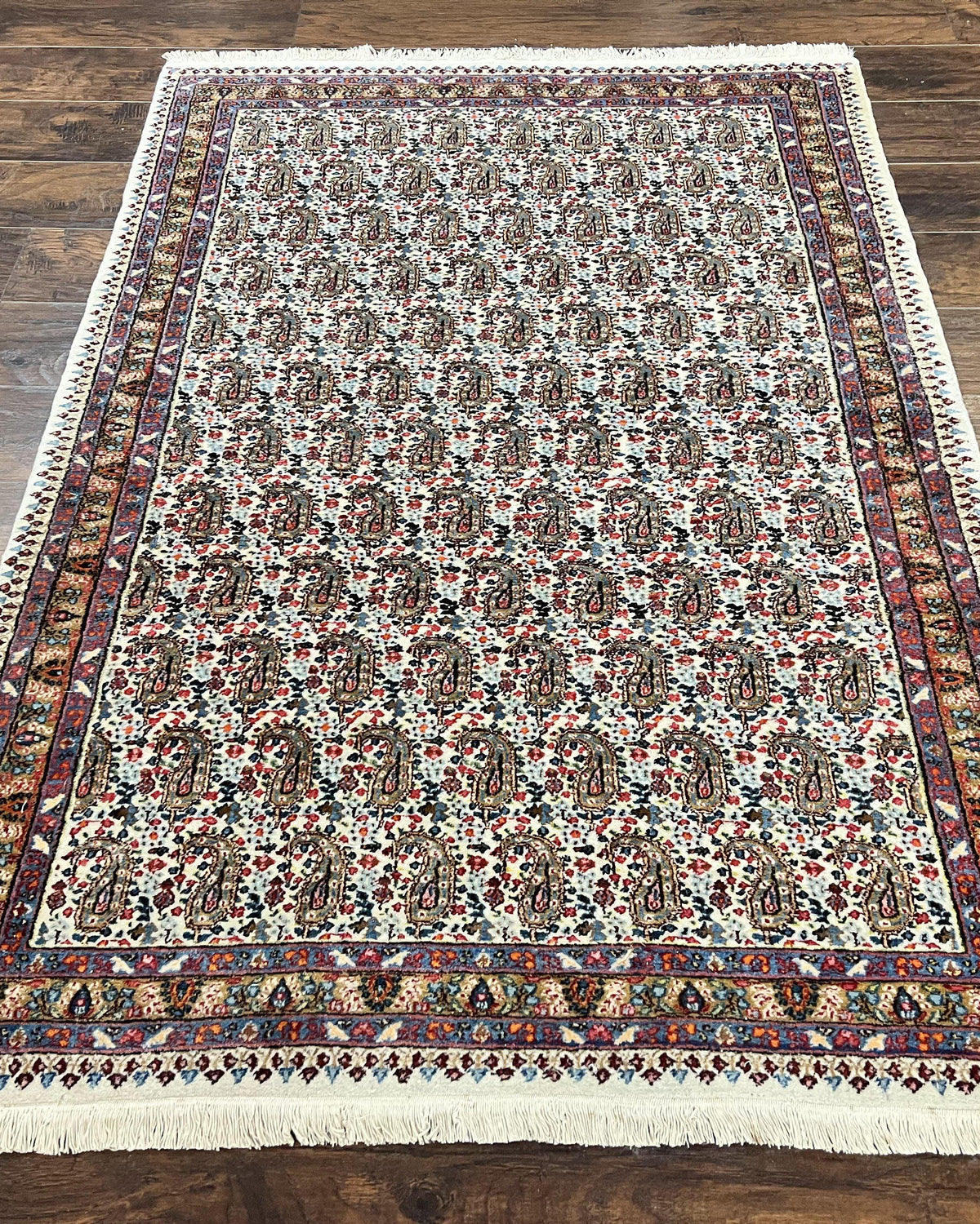 Persian Rug 4x6, Mashad Kashmar Rug, Boteh Paisley Design, Allover Repeated Pattern, Ivory Hand Knotted Vintage Semi Antique Persian Oriental Carpet - Jewel Rugs