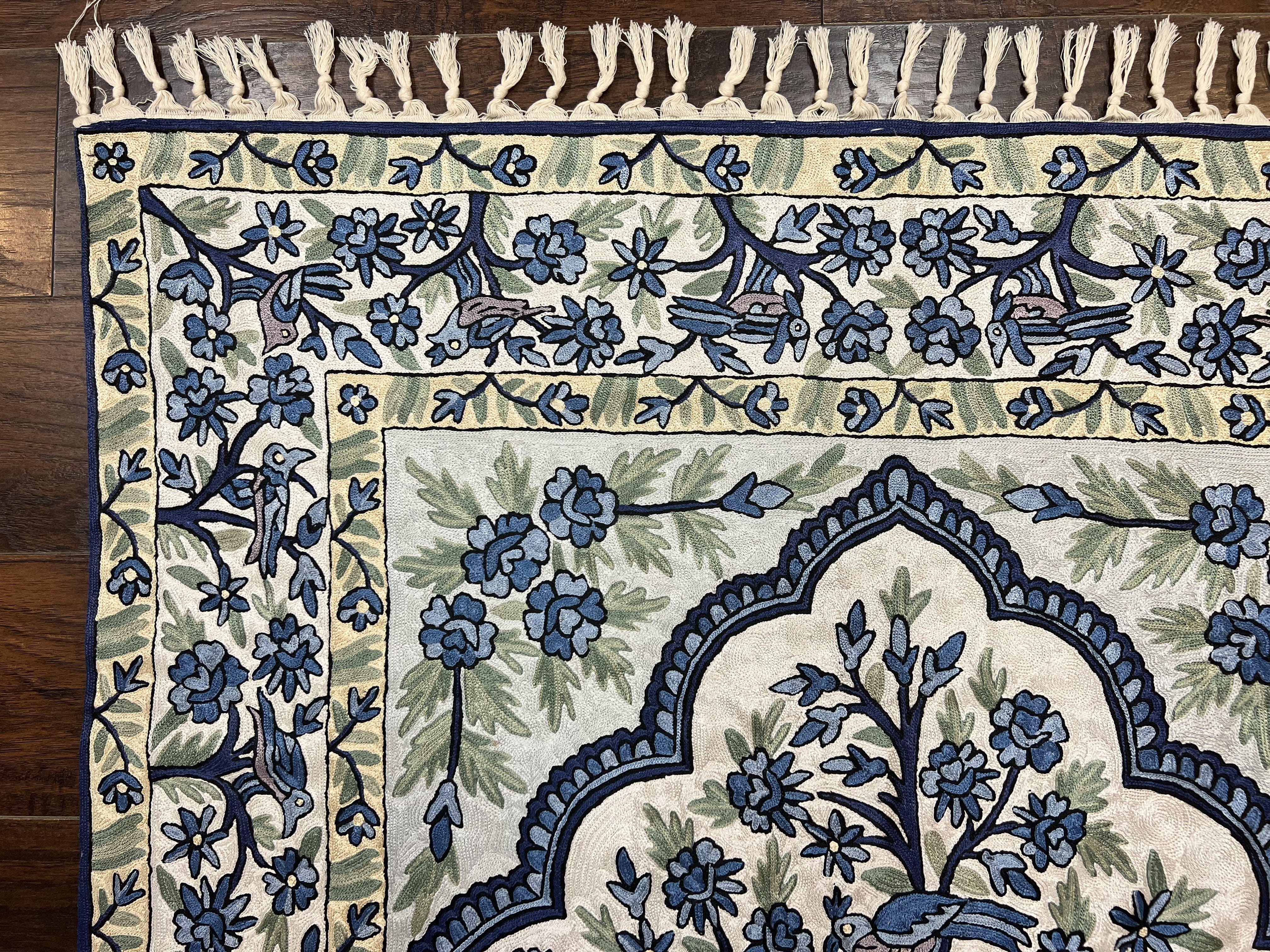 Tree of Life Indian Hand Stitched Rug 4x6, Indian Wall Hanging Rug, Ivory Blue, Silk on Cotton, Vintage - Jewel Rugs