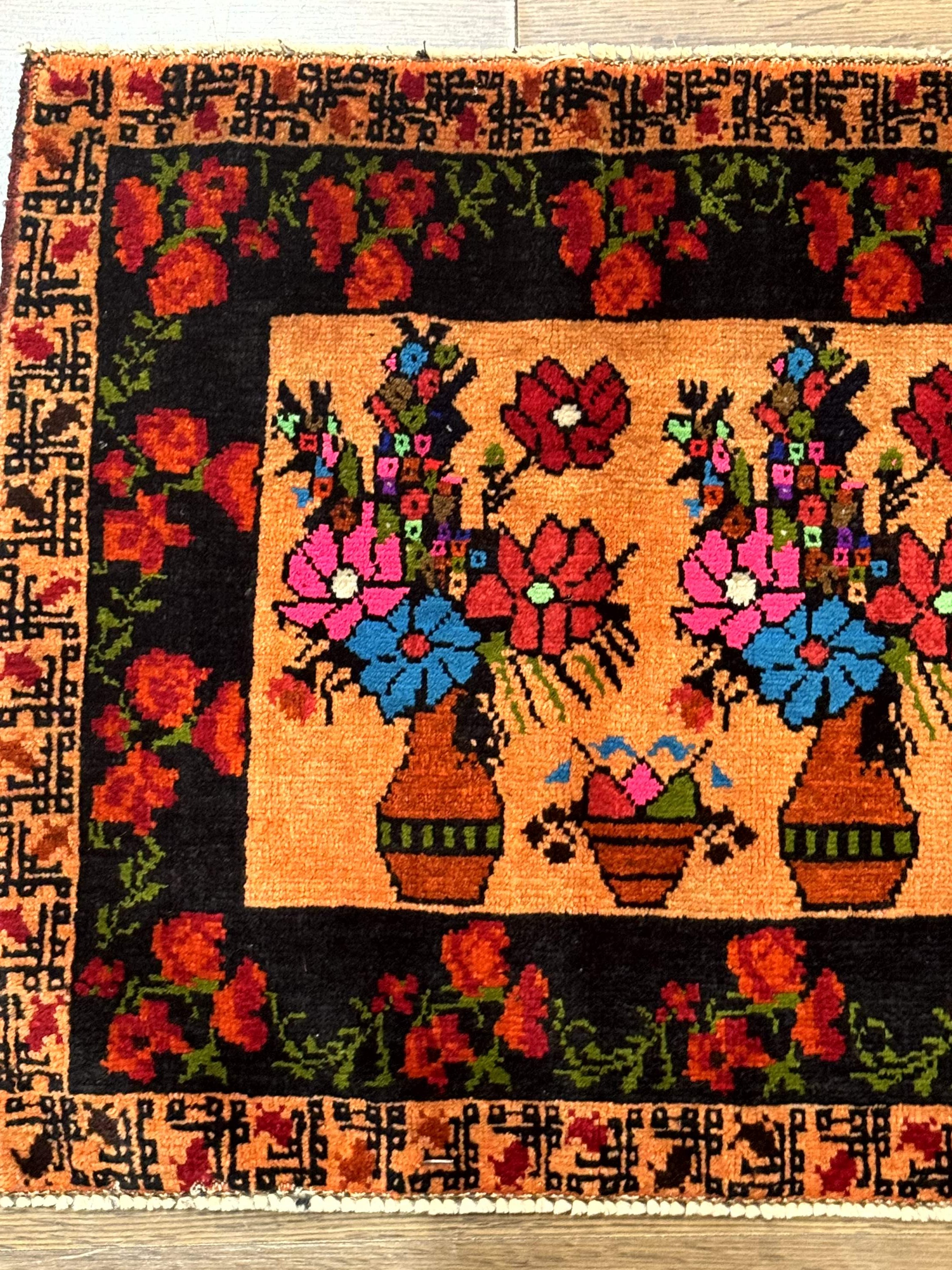Small Persian Balouchi Rug 2x2, Floral Vases, Tribal Rug - Jewel Rugs
