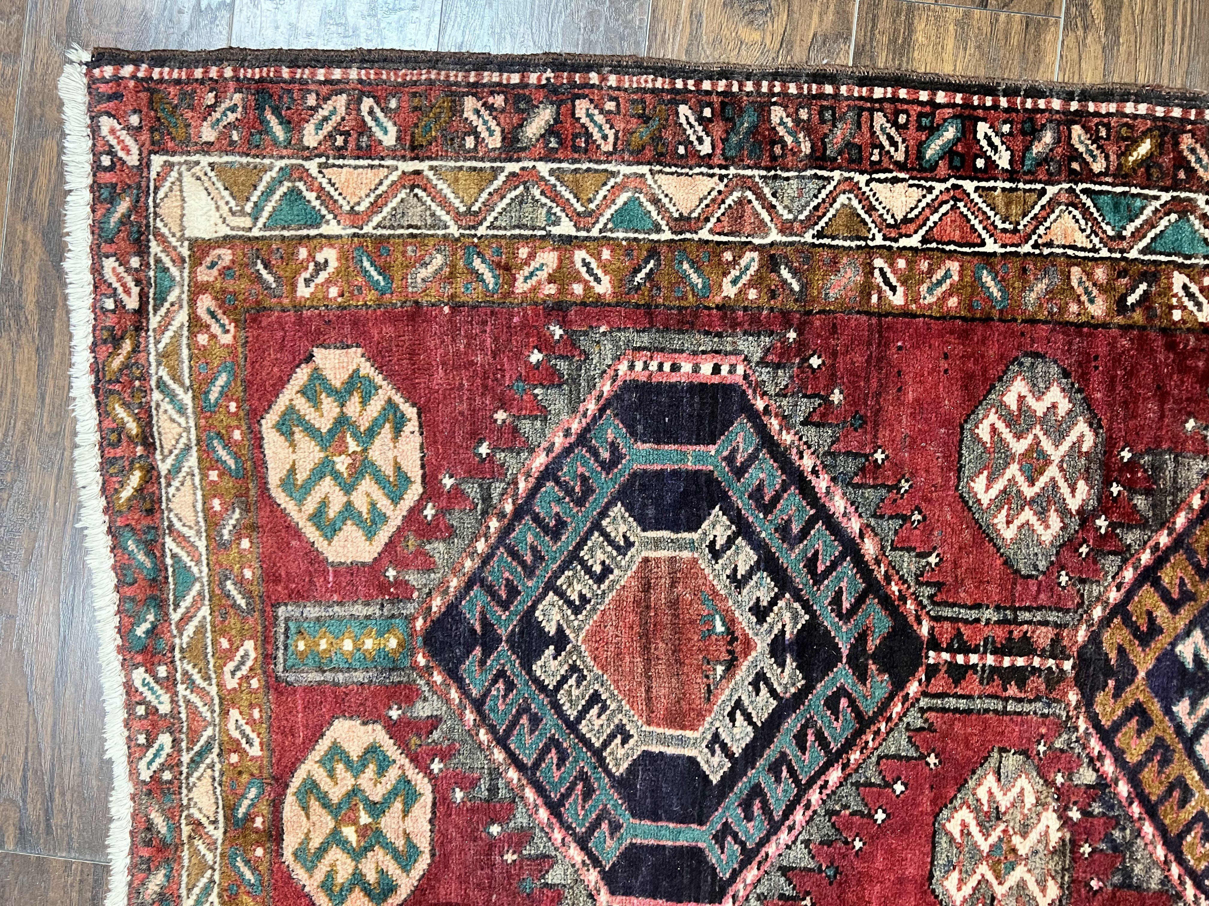 Persian Heriz Runner Rug 3.8 x 8.6, Geometric Design, Large Triple Medallions, Hand Knotted Handmade Vintage Wool Hallway Rug, Red - Jewel Rugs