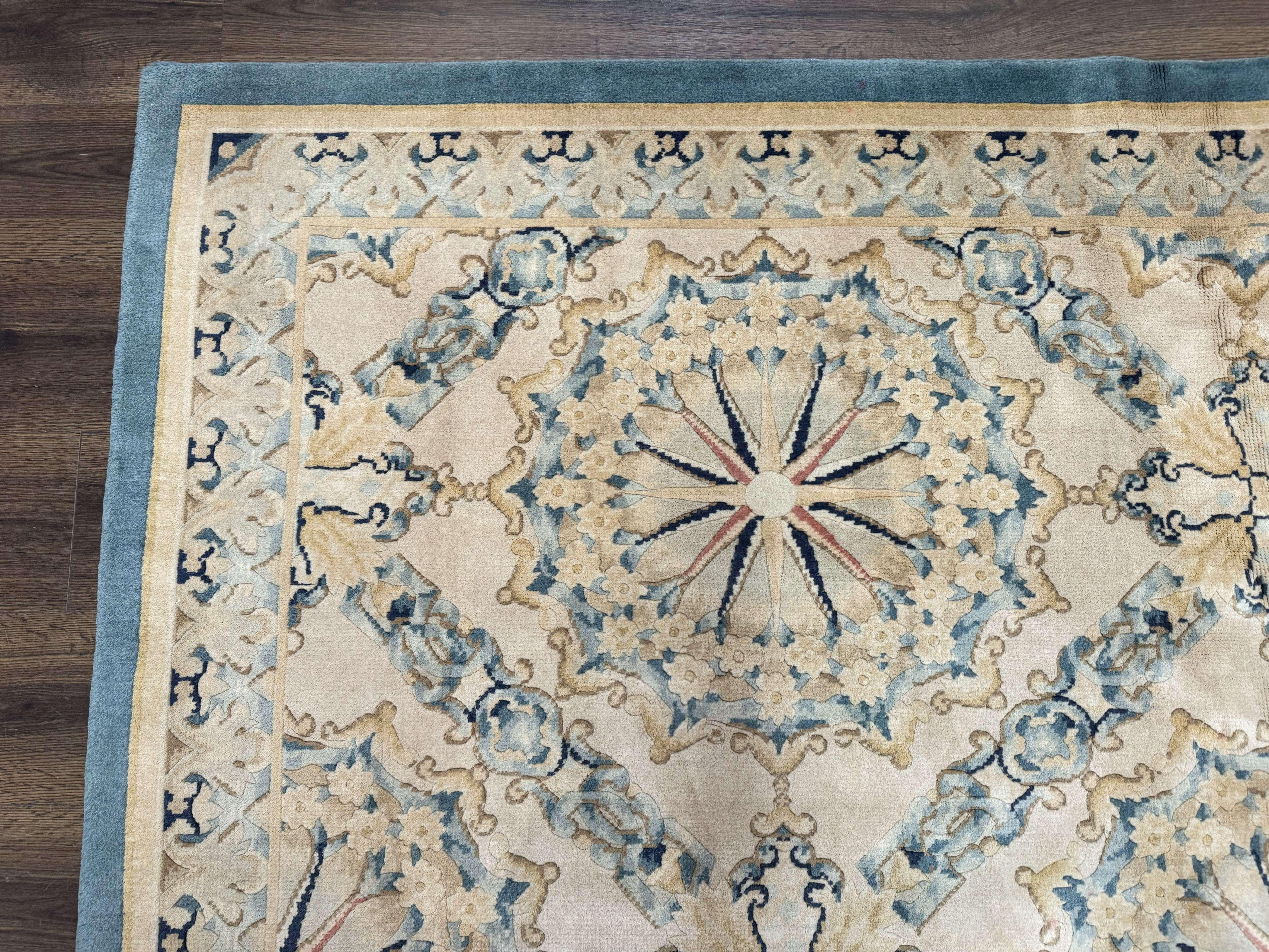 Aubusson Rug 8x10, French European Design, Soft Thick Wool Pile, Off White and Light Blue, Carving Sculpted Rug - Jewel Rugs