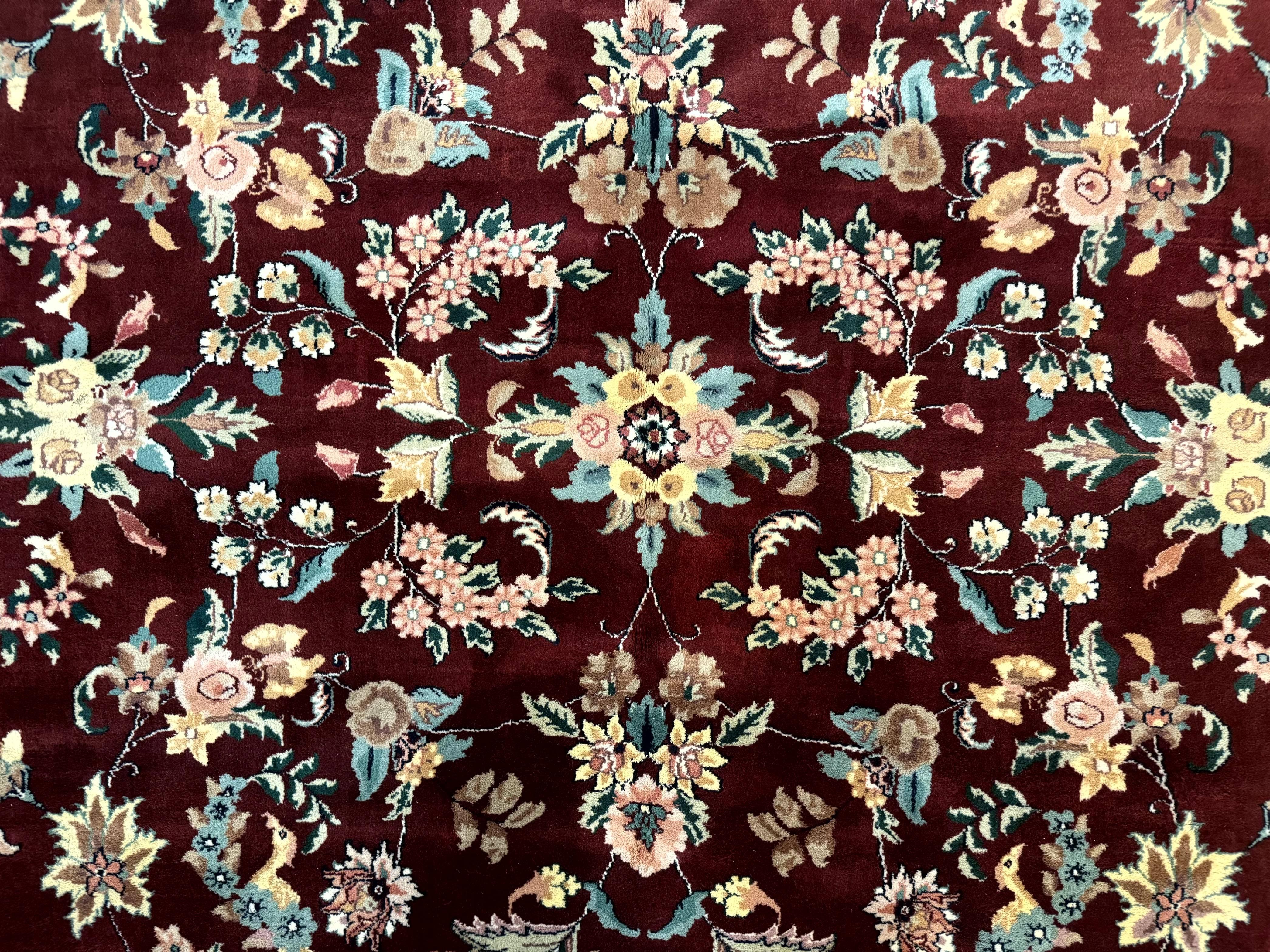 Indo Persian Rug 8x10, Floral Allover with Bird Pictorials, Maroon and Navy Blue, Handmade Wool Area Rug - Jewel Rugs