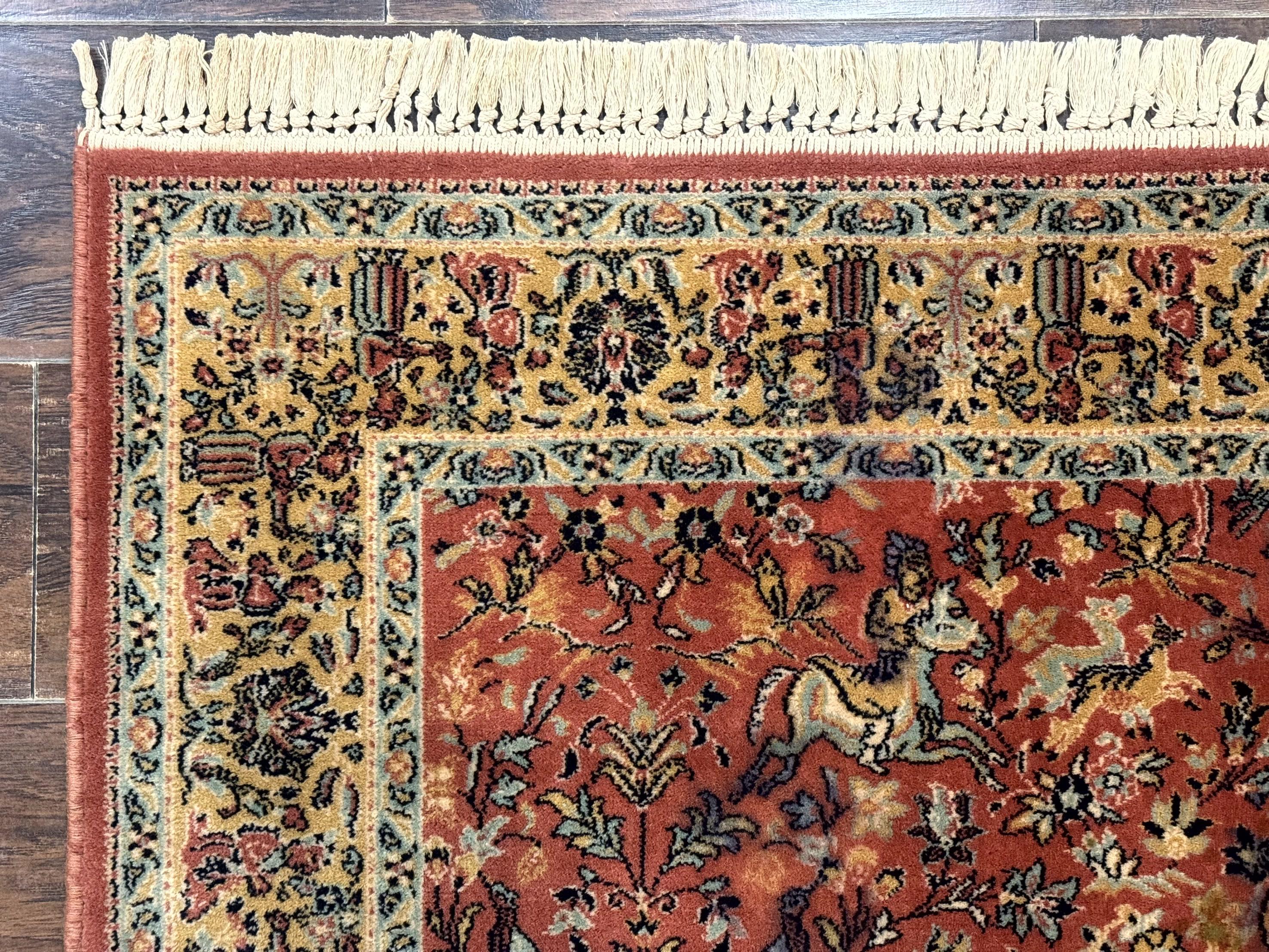 Persian Hunting Design Rug 4.7 x 6.5, Hunting Scene, Red-Orange, Wool, Belgian Power Loomed Carpet - Jewel Rugs