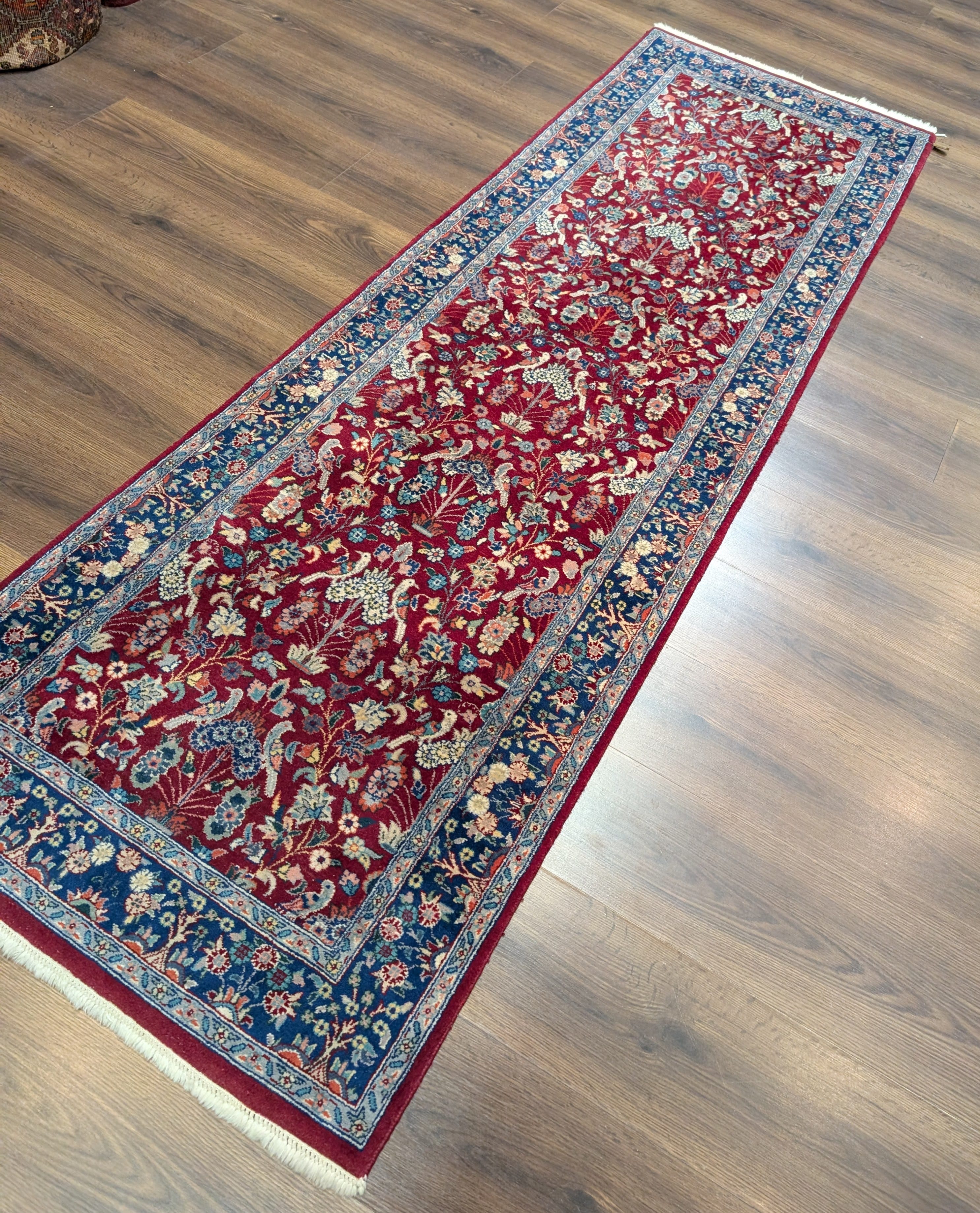 Pak Persian Runner 3 x 8 ft, Bird Motifs, Hand-Knotted Wool, Red, 210 KPSI - Jewel Rugs
