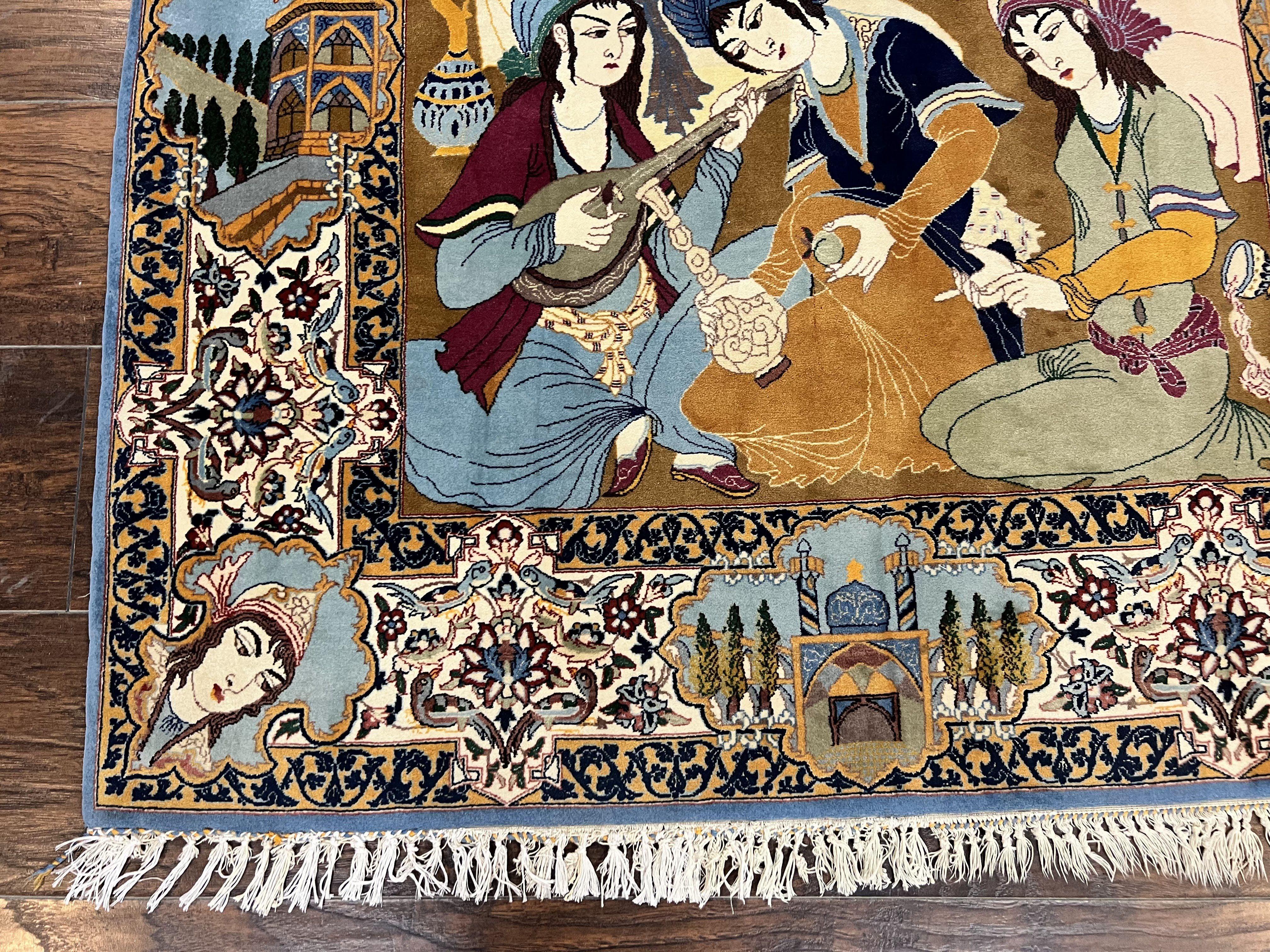 Persian Isfahan Pictoral Rug 3x6, Kork Wool on Silk Foundation, Handmade Vintage Carpet, 550 KPSI Super Fine, Lovers Palace Instruments - Jewel Rugs