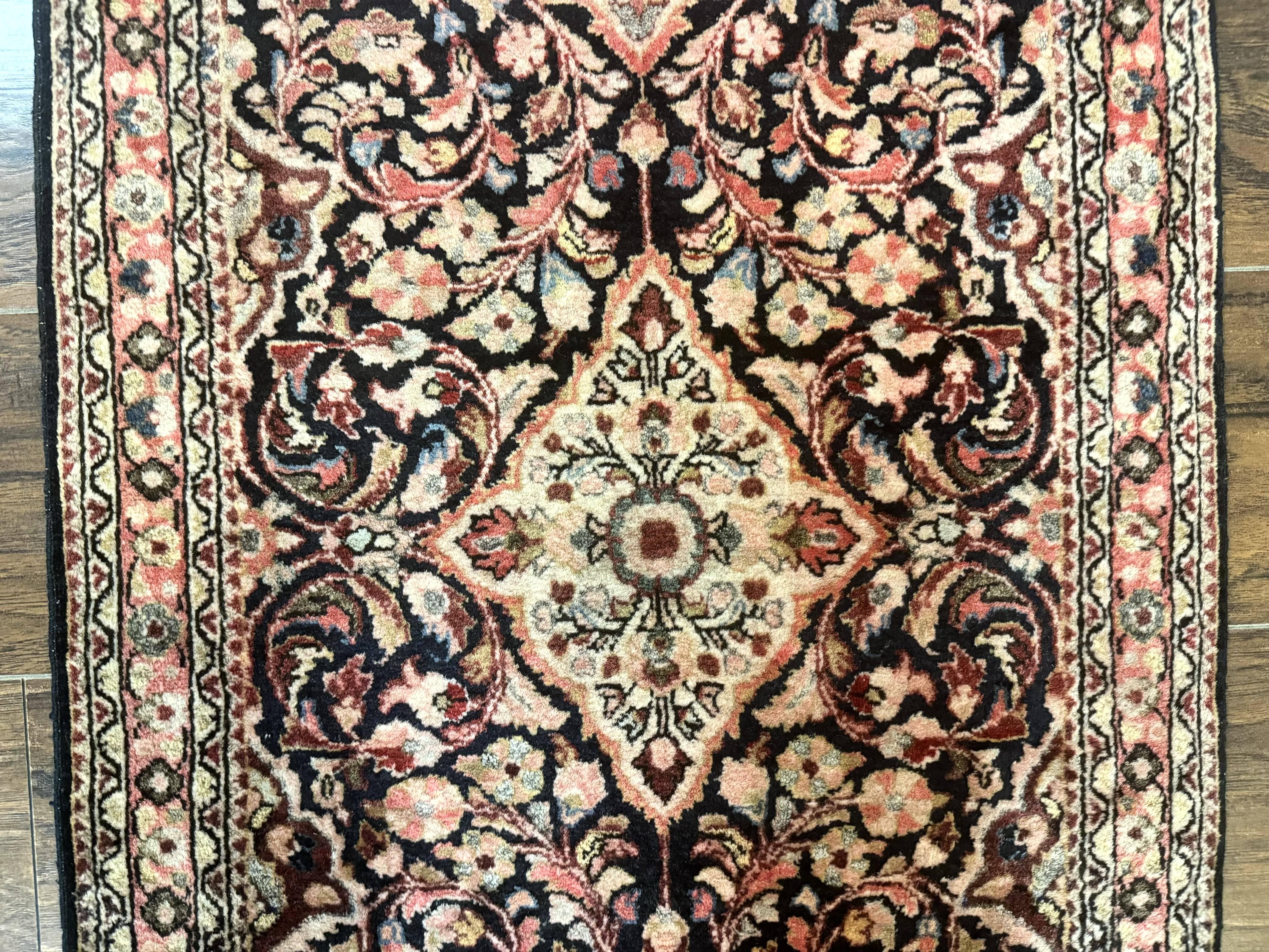 Antique Navy Blue Persian Sarouk Rug 2x4, Floral, Handmade Carpet, Small Persian Rug, Wool Hand Knotted - Jewel Rugs