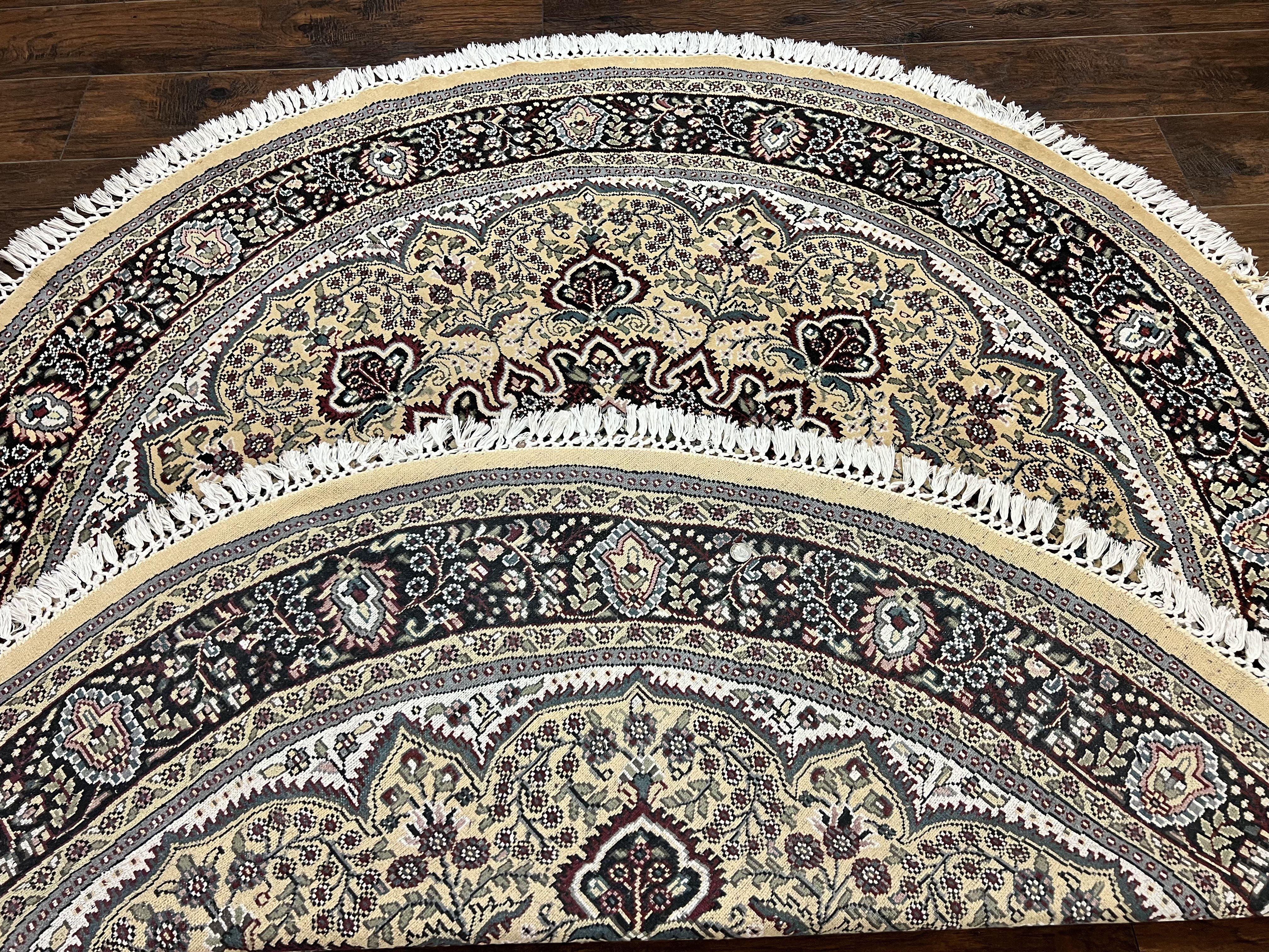 Round Silk Indian Kashmiri Rug 6x6, Hand Knotted Handmade Vintage Oriental Carpet, 6ft Round Rug with Medallion, Cream - Jewel Rugs