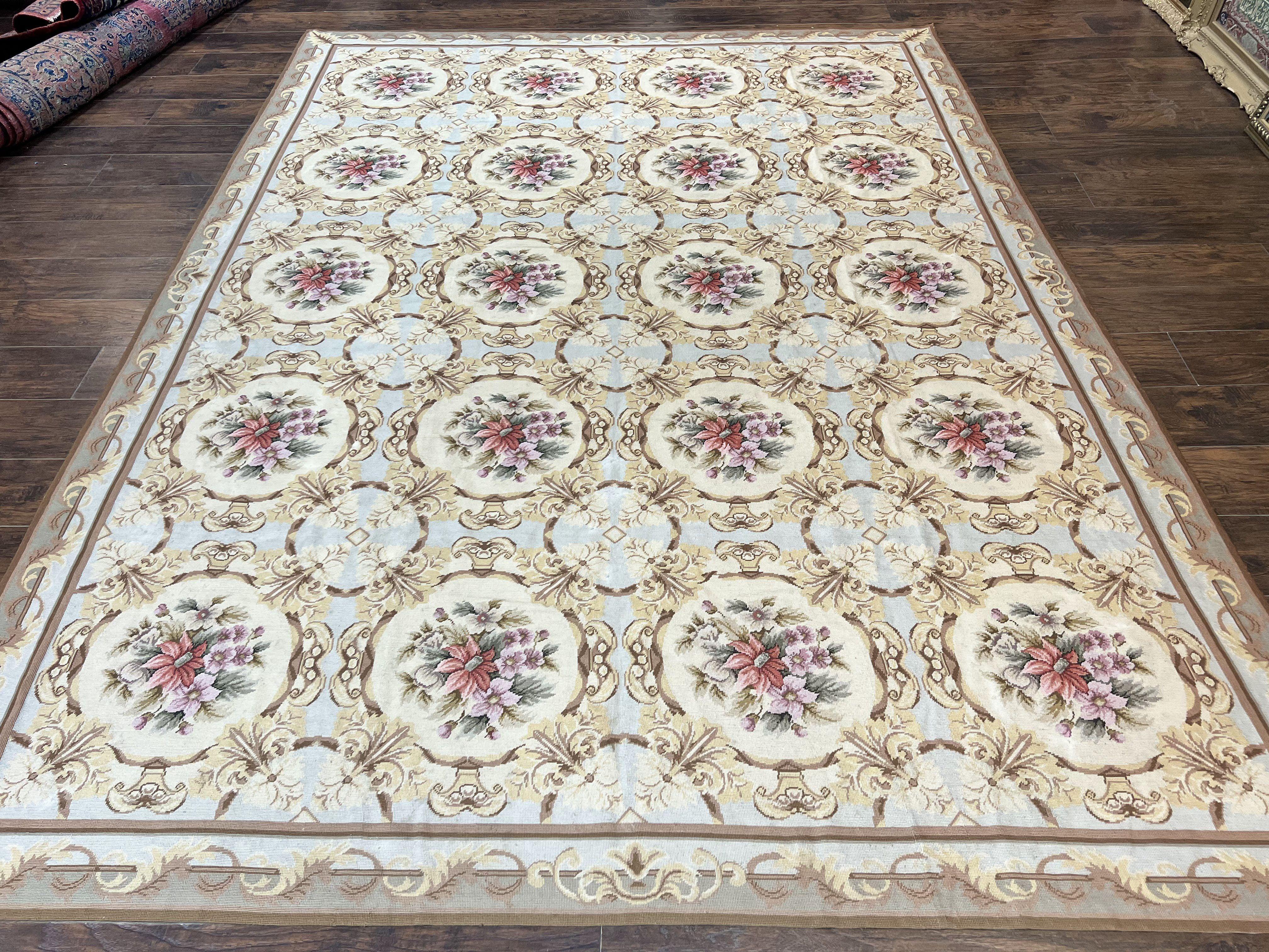 Chinese Needlepoint Rug 8x11, Handmade Wool Needlepoint Carpet, Vintage, Sky Blue - Jewel Rugs