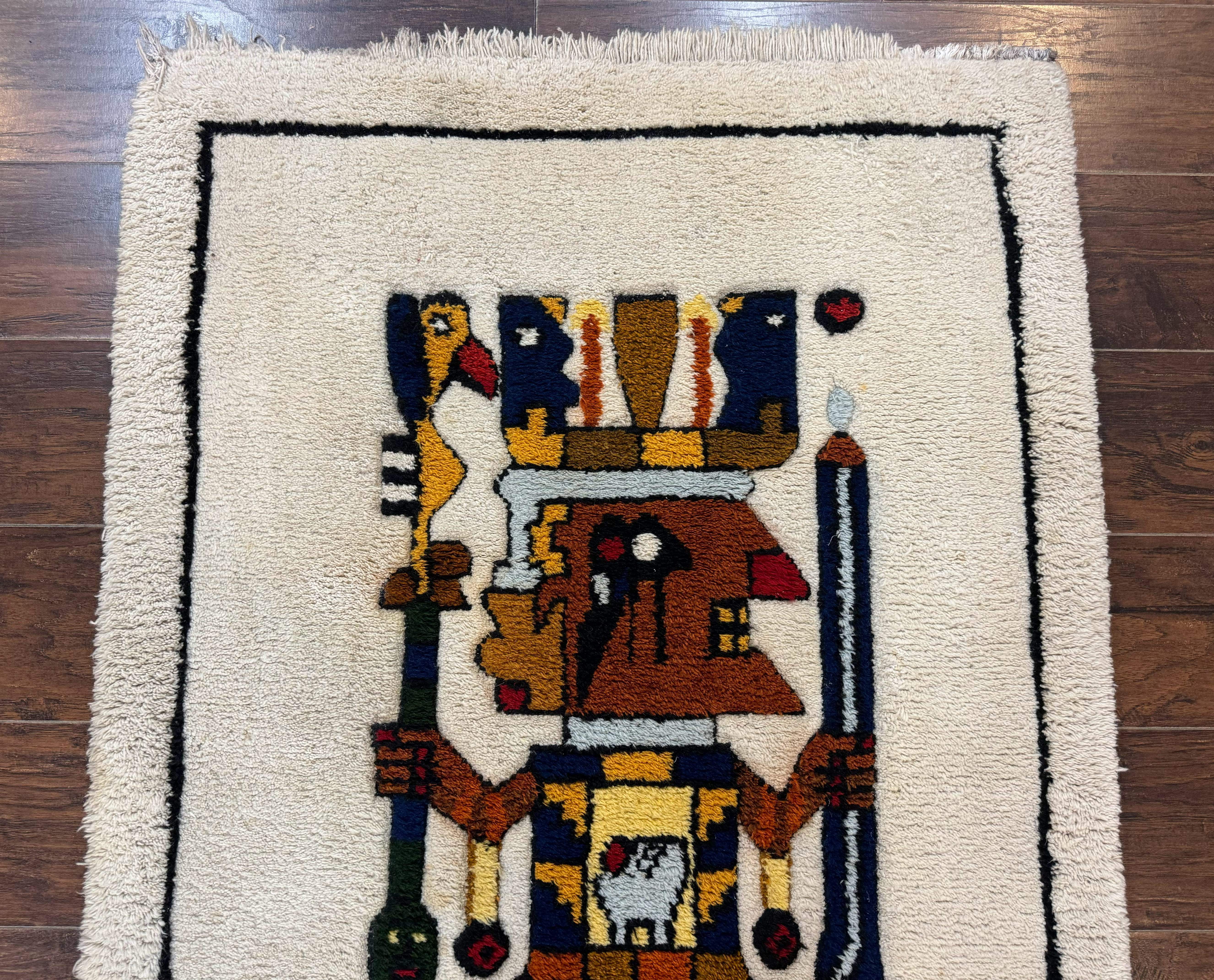 South American Shag Rug 3x5 – Ivory, Pictorial, Vintage Peruvian Native American Wool Rug - Jewel Rugs