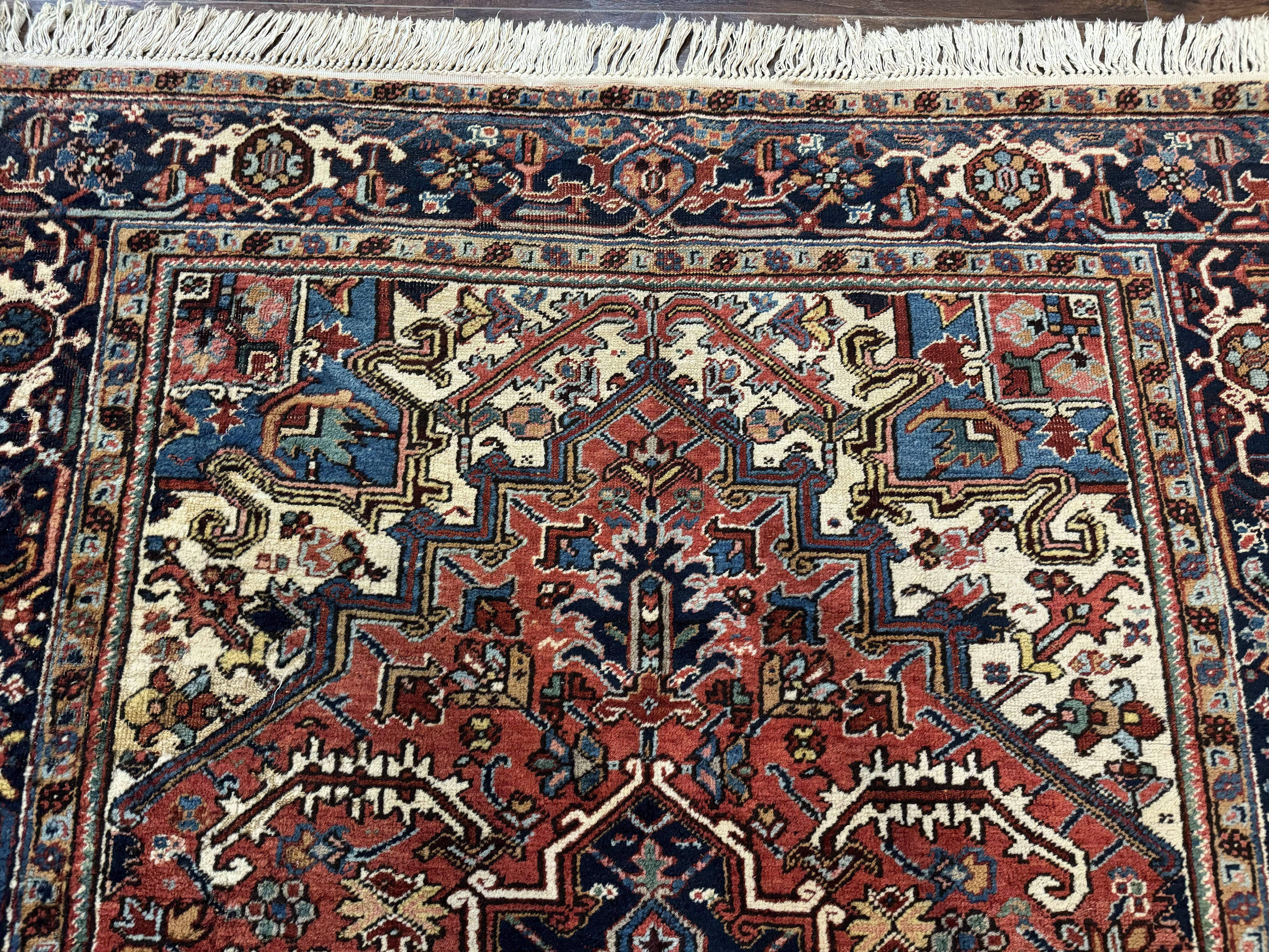 Antique Persian Heriz Rug 6x9, Red Navy Blue, Wool, Geometric Medallion - Jewel Rugs