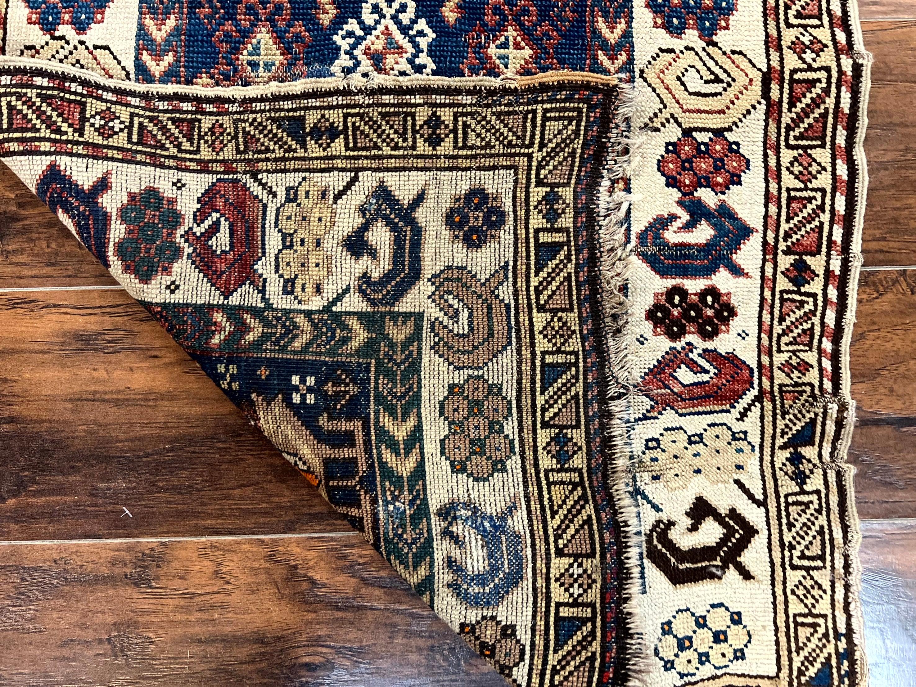 Antique Caucasian Kazak Rug 2.5 x 4, Navy Blue and Ivory, Hand Knotted Handmade Wool Rug - Jewel Rugs