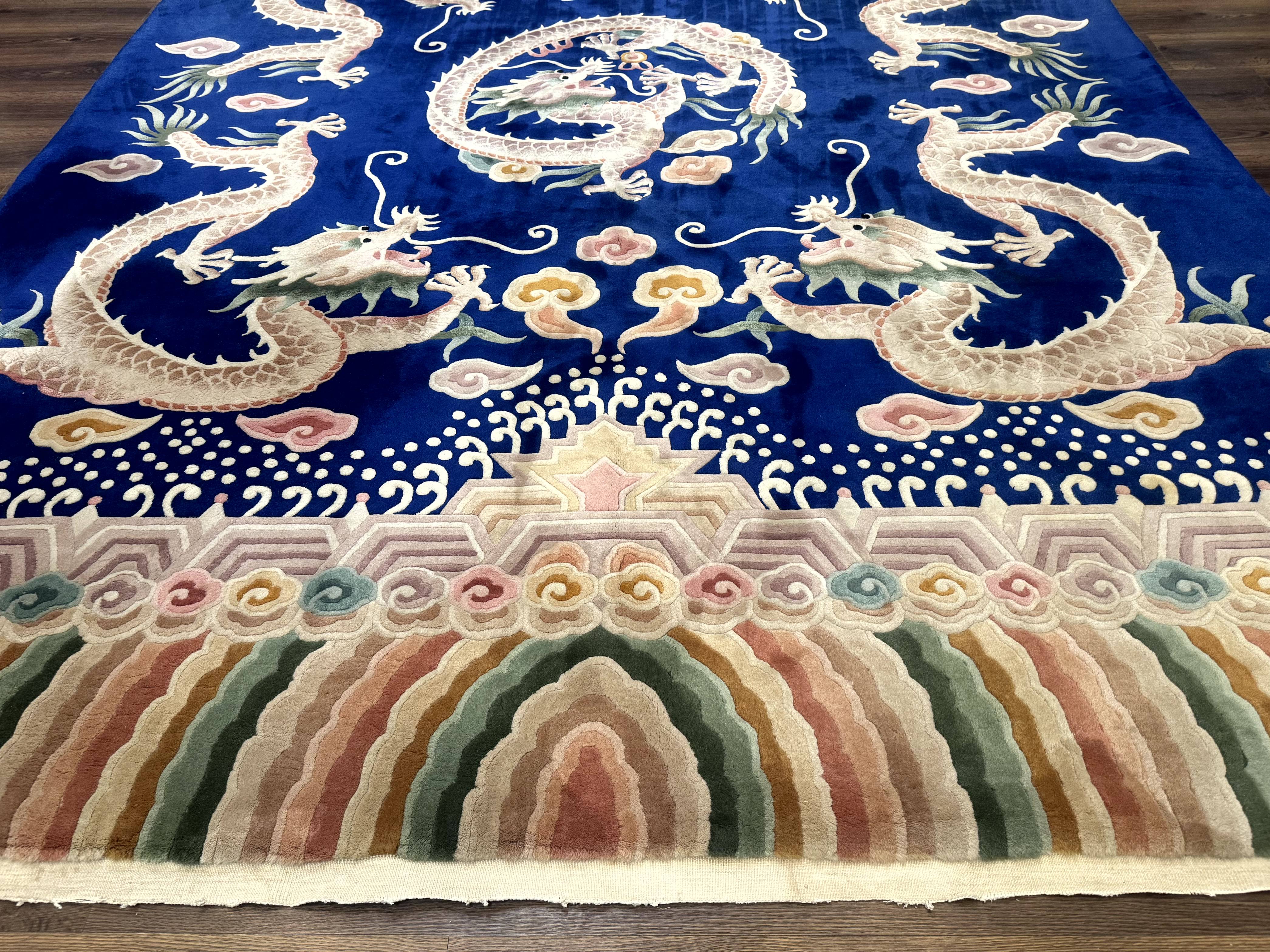 Blue Chinese Rug 9x12, Dragons, Rainbow Border, Art Deco Carpet, Peking Rug, Rare - Jewel Rugs