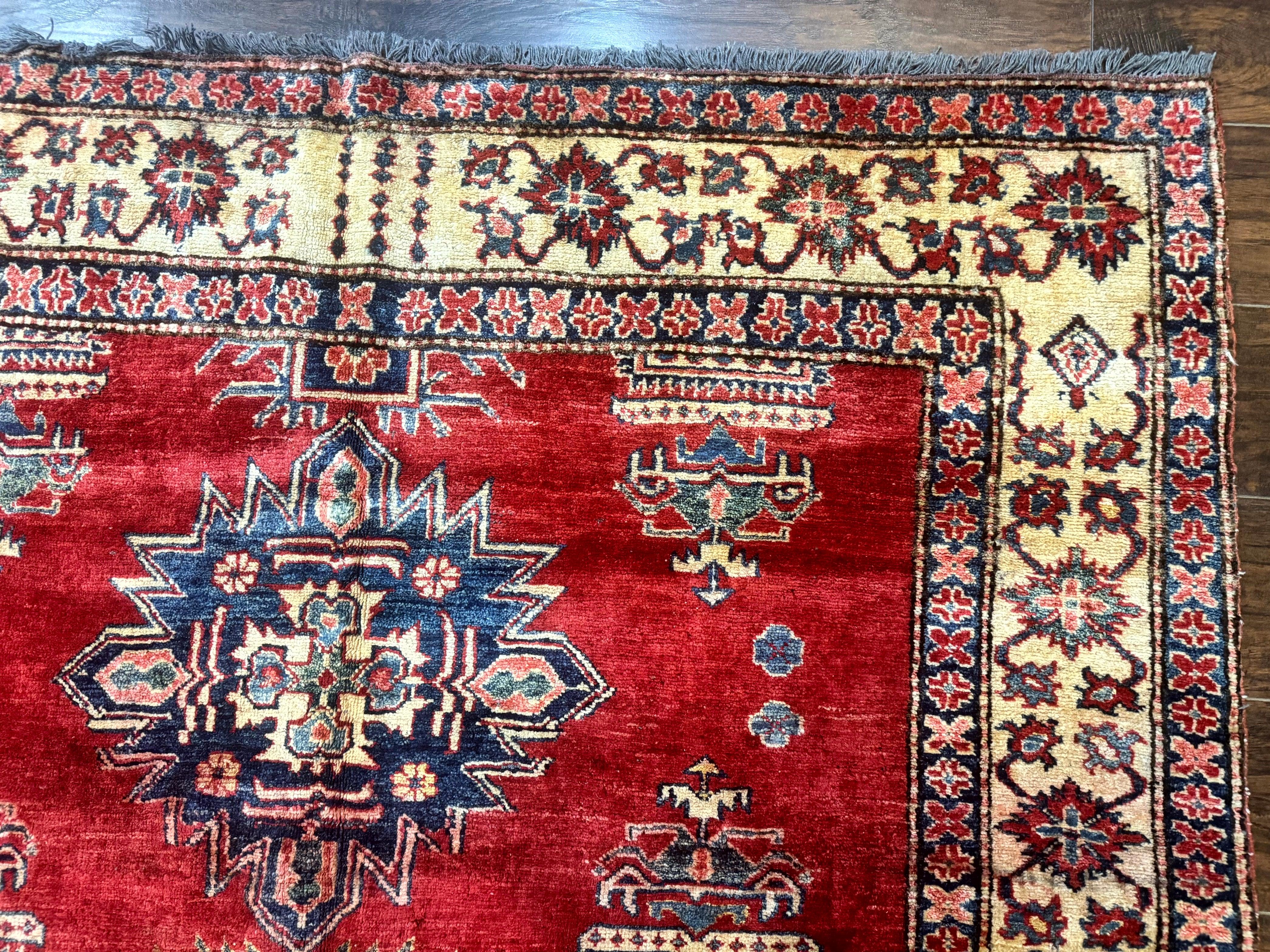 Square Turkish Rug 6x6, Azerbaijani Azeri Turkish Armenian Rug, Red Tan Blue, Geometric, Wool Carpet - Jewel Rugs