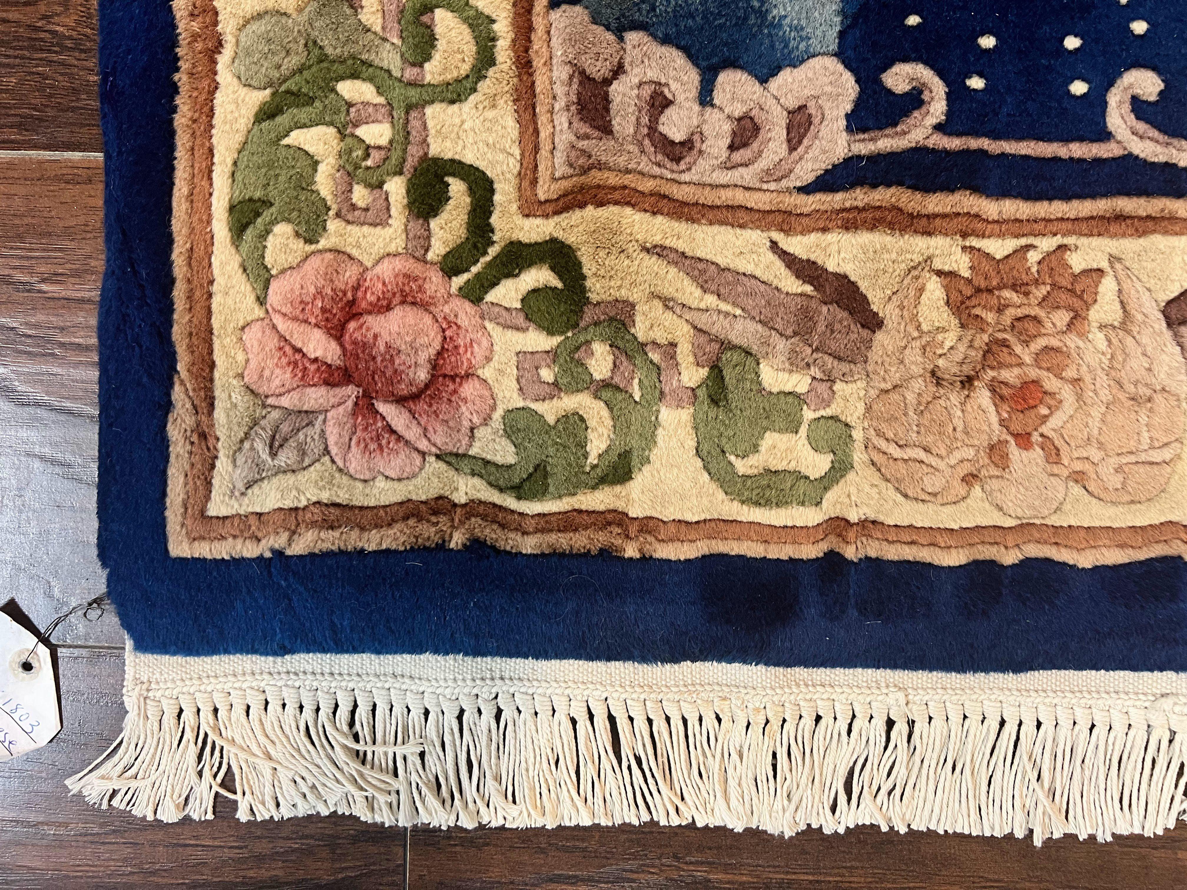 Chinese Wool Runner Rug 2x11, Blue and Beige, Swans, Handmade Vintage Asian Oriental Chinese Carving Rug, Art Deco 2 x 11 ft - Jewel Rugs