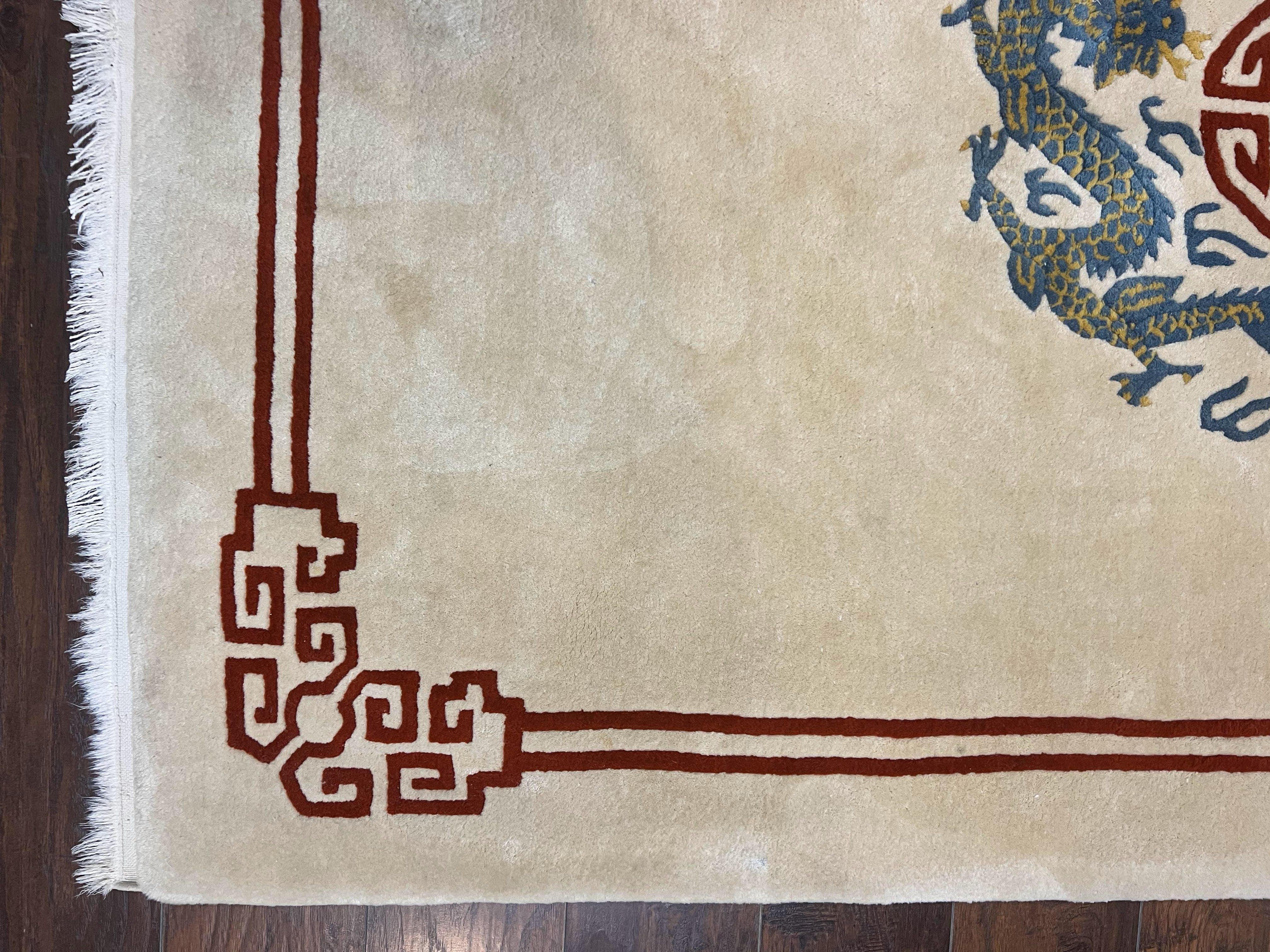 Chinese Wool Rug 5x8, Chinese Dragon Rug 5 x 8, Peking Carpet, Simple Design, Ivory, Wool Vintage Handmade Asian Art Deco Oriental Rug - Jewel Rugs