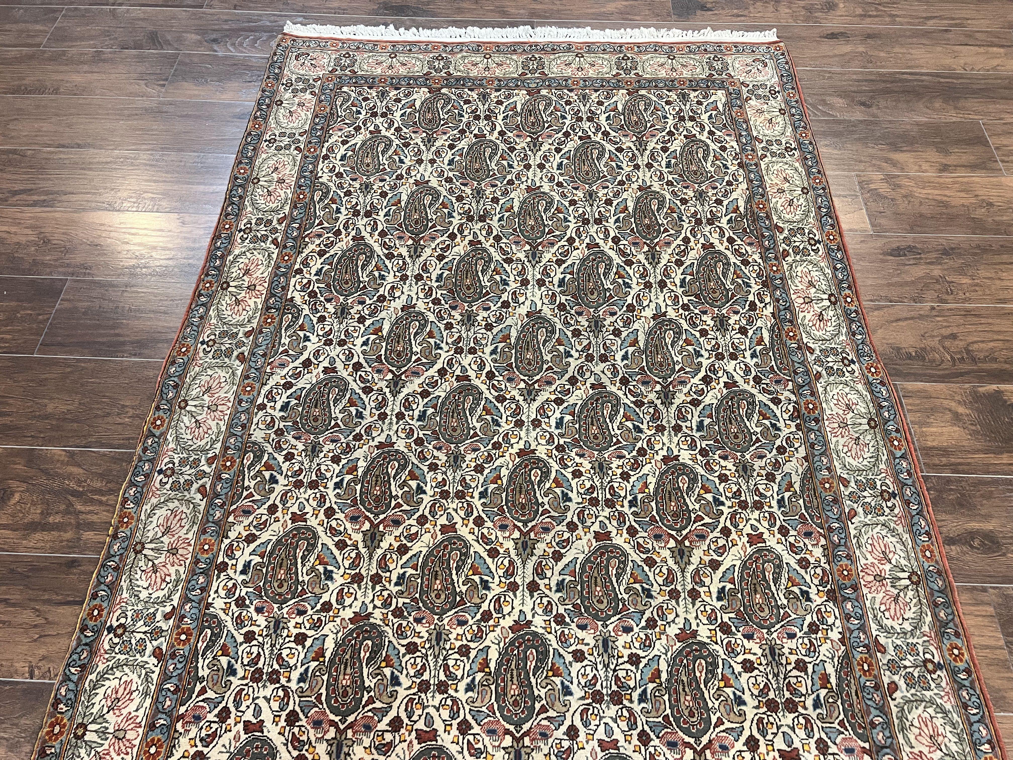 Persian Qum Rug 5x6, Cream Wool Hand Knotted Carpet, Repeated Boteh Paisely Design, Semi Antique Vintage Rug, Very Fine Weave 5 x 6 Rug - Jewel Rugs