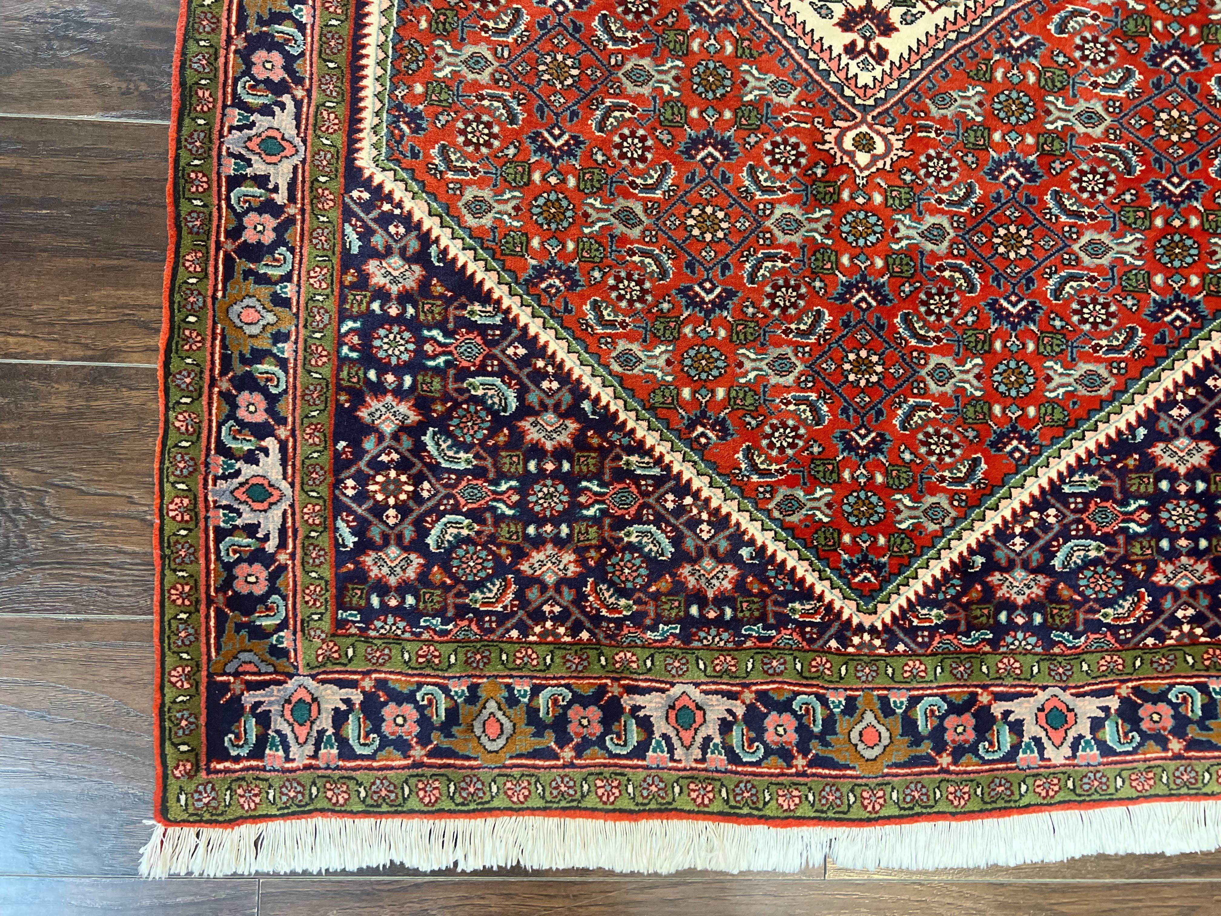 Persian Bidjar Rug 4x5, Finely Hand Knotted Vintage Carpet, Red and Navy Blue, Handmade Wool Rug, 180 KPSI - Jewel Rugs