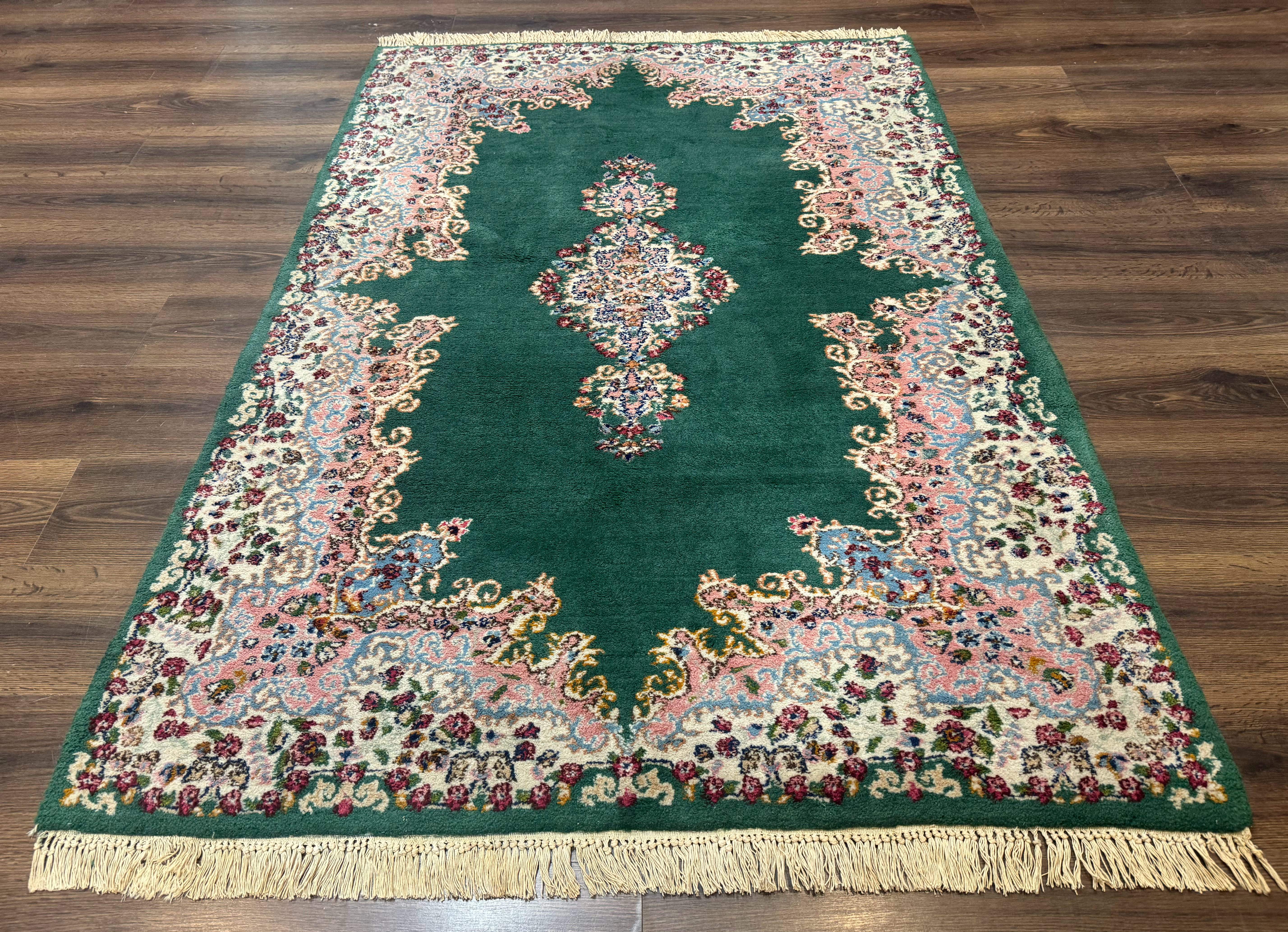 Persian Kerman Rug 4x6, Green Ivory Pink, Wool Vintage, Semi Open Field - Jewel Rugs