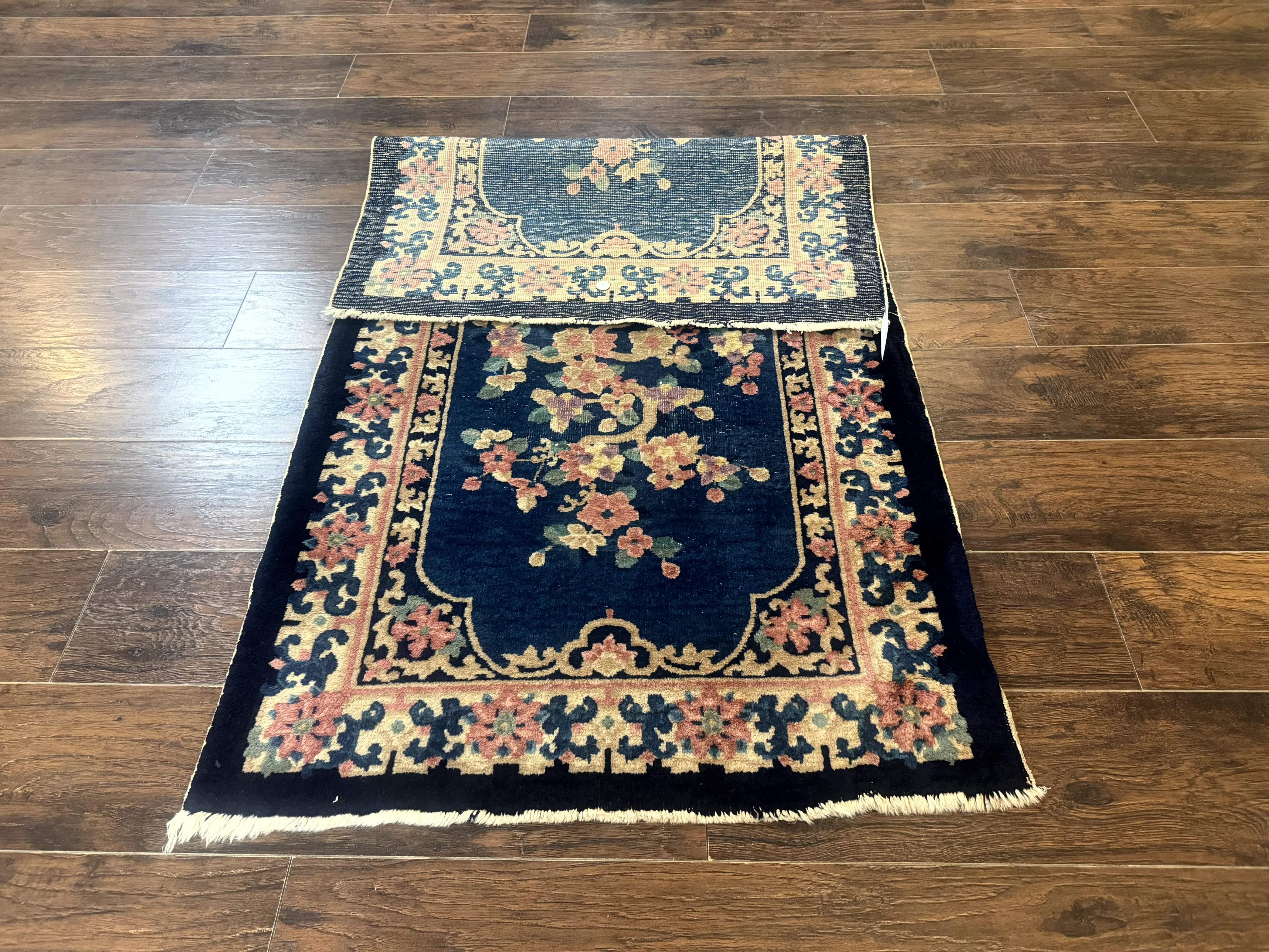 Blue and Beige Chinese Wool Rug 3x6, Chinese Fete Rug, Peking Rug, Antique Chinese Carpet - Jewel Rugs