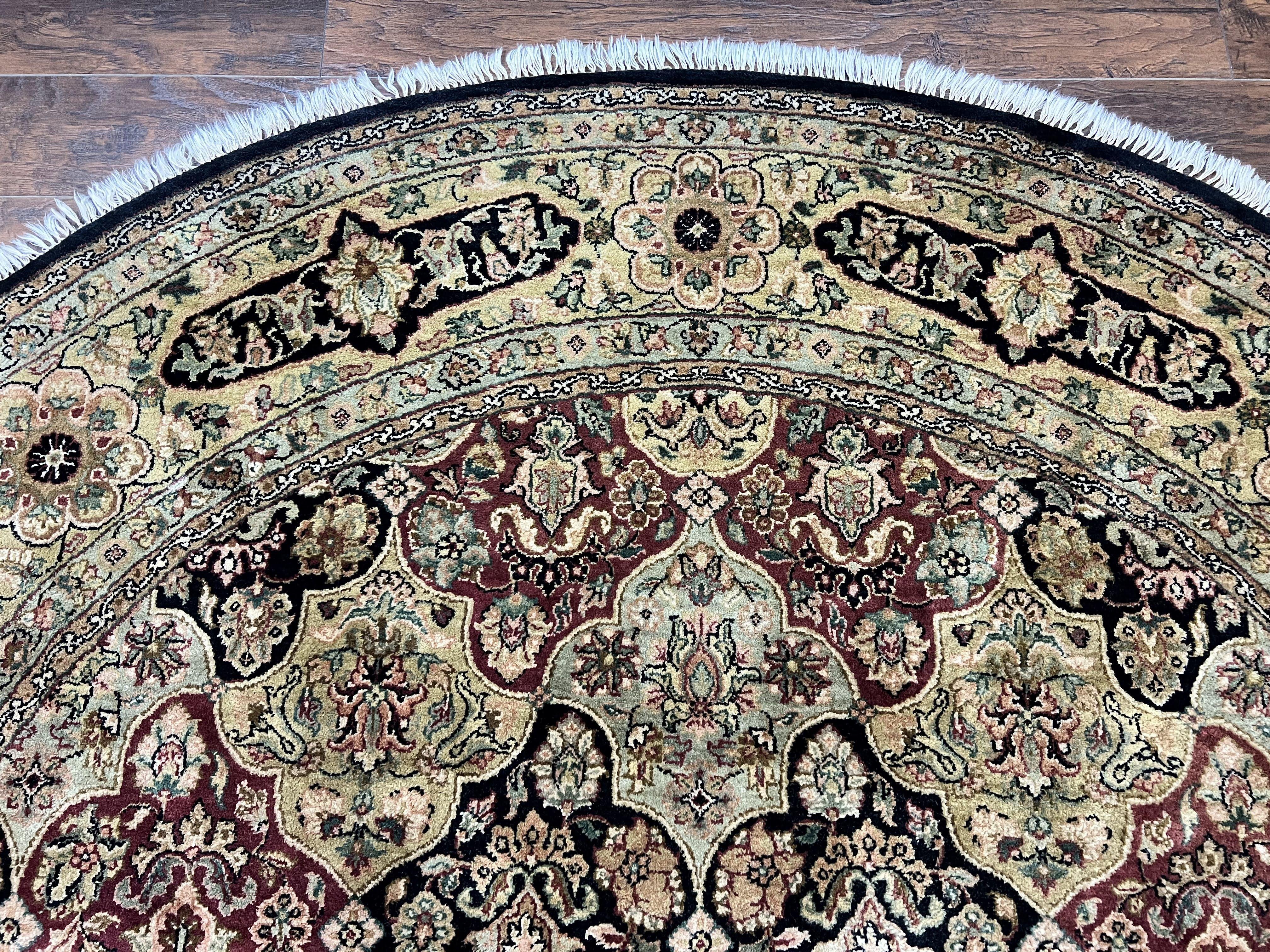 Indo Mahal Round Rug 9x9 ft, Large Circular Handmade Hand Knotted Area Rug, Red Midnight Blue Beige Wool Indian Oriental Carpet, Traditional - Jewel Rugs