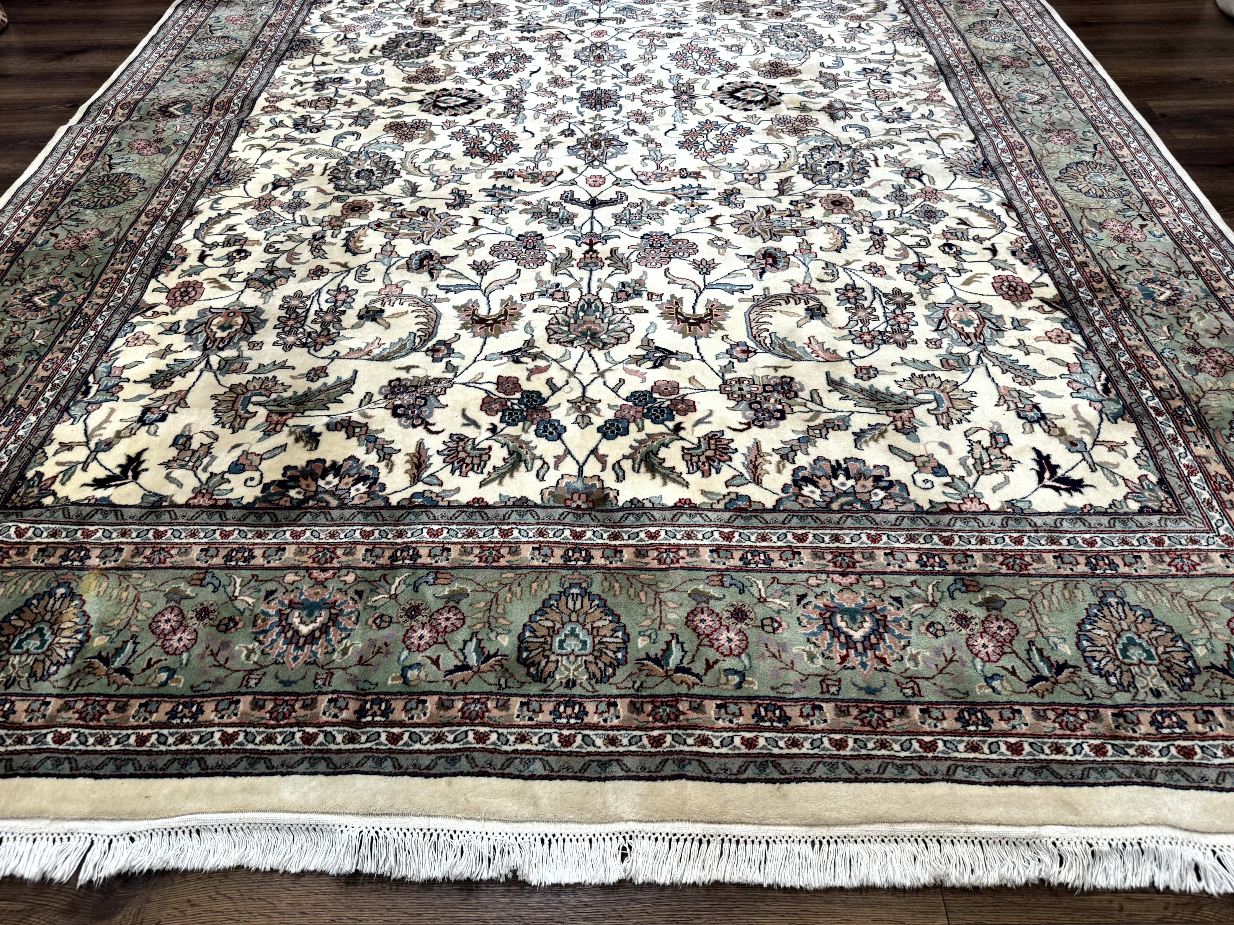 Indo Persian Rug 9x12, Allover Floral Pattern, Ivory & Green, Traditional Oriental Carpet - Jewel Rugs