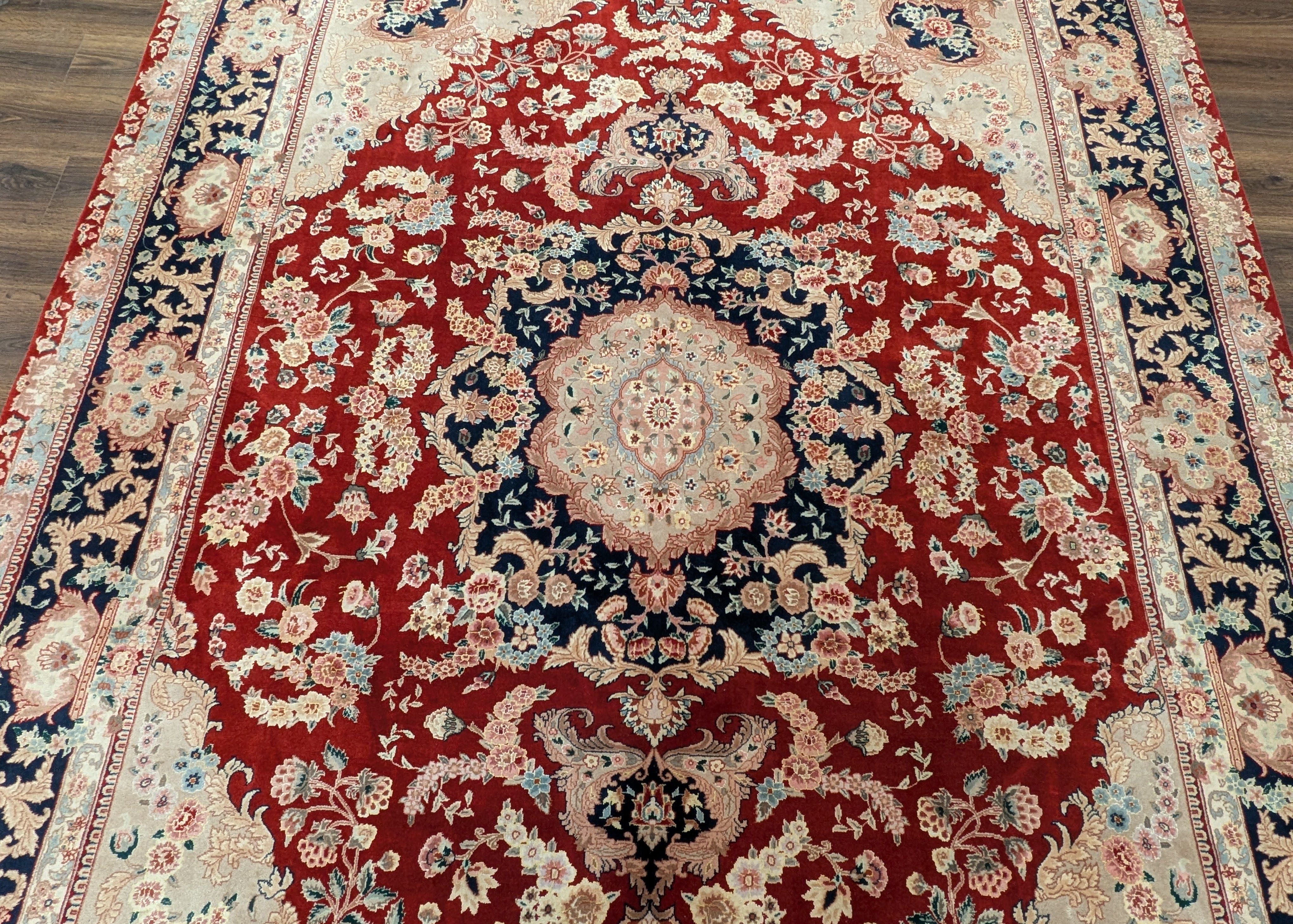 Pak Persian Rug 9x12 – Red and Navy, Wool and Silk, Medallion Oriental Carpet, 225 KPSI - Jewel Rugs