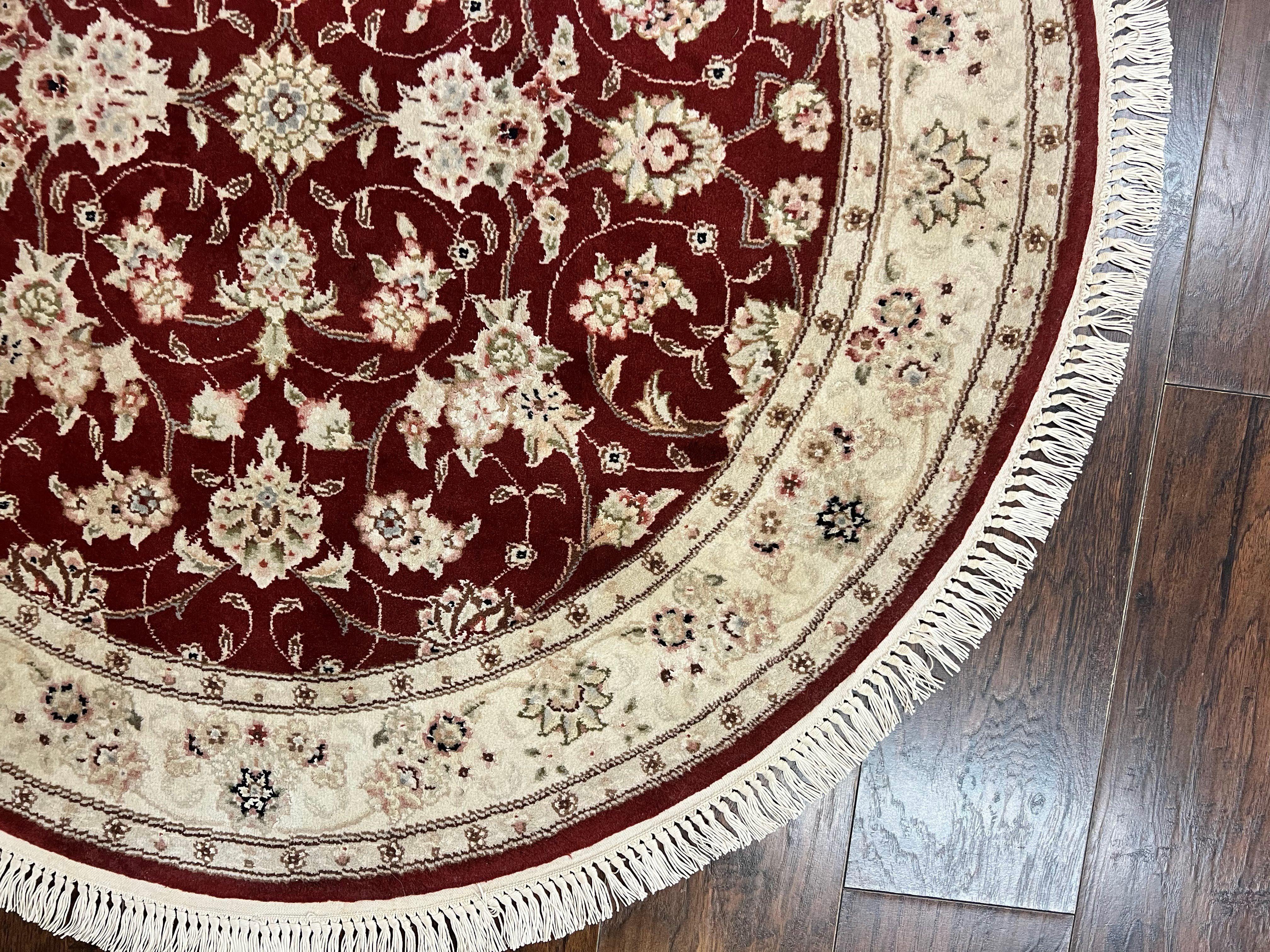 Sino Persian Round Rug 4x4, Wool Hand Knotted Oriental Carpet, Maroon & Ivory Vintage Rug, Floral Rug, Traditional Rug 4 x 4, Fine Rug - Jewel Rugs
