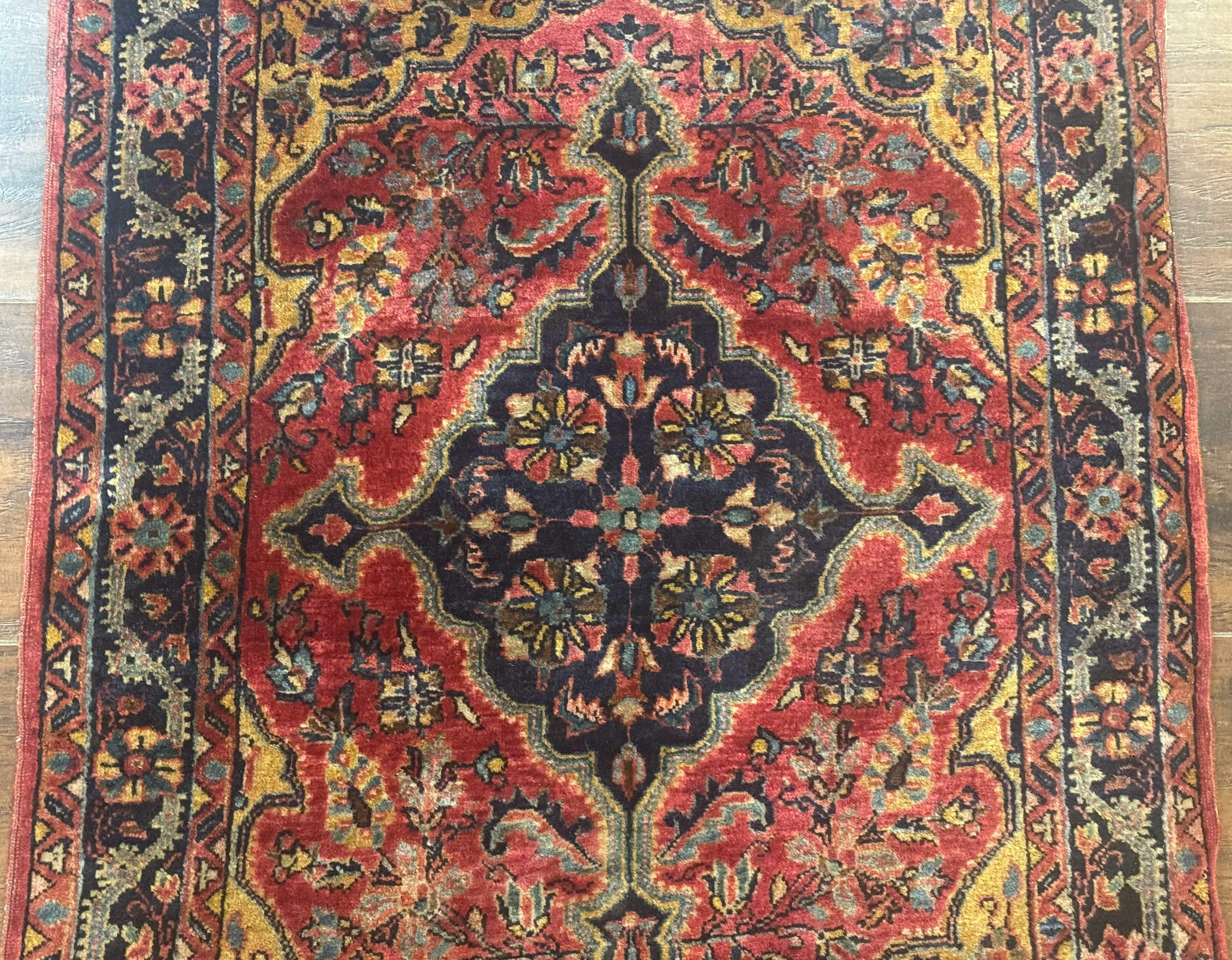 Persian Sarouk Rug 2x3 – Red and Navy, Small Hand-Knotted Wool Antique Accent Rug - Jewel Rugs
