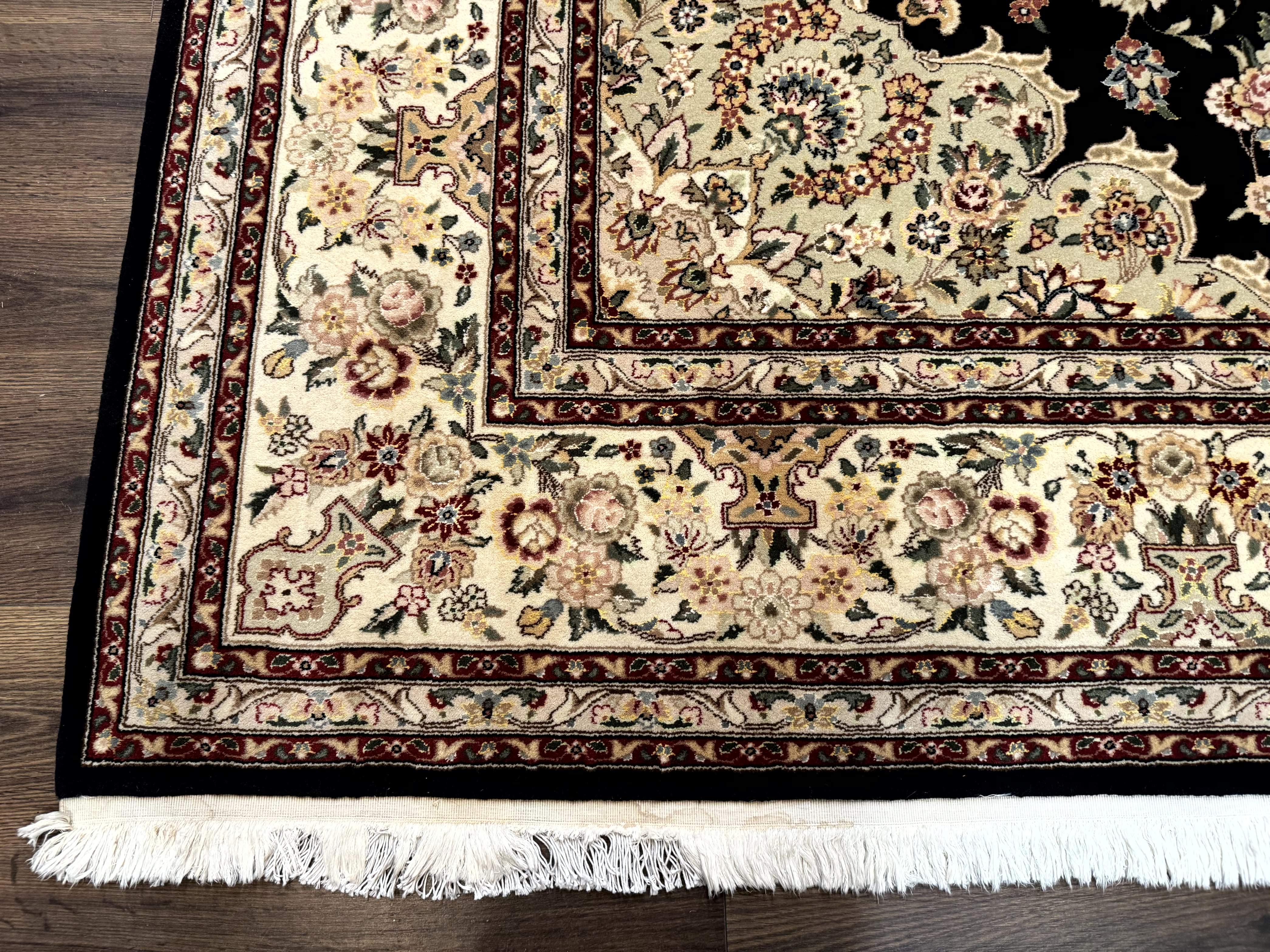 Sino Persian Rug 9x12, Black and Beige, Floral Medallion, Wool & Silk, Handmade - Jewel Rugs
