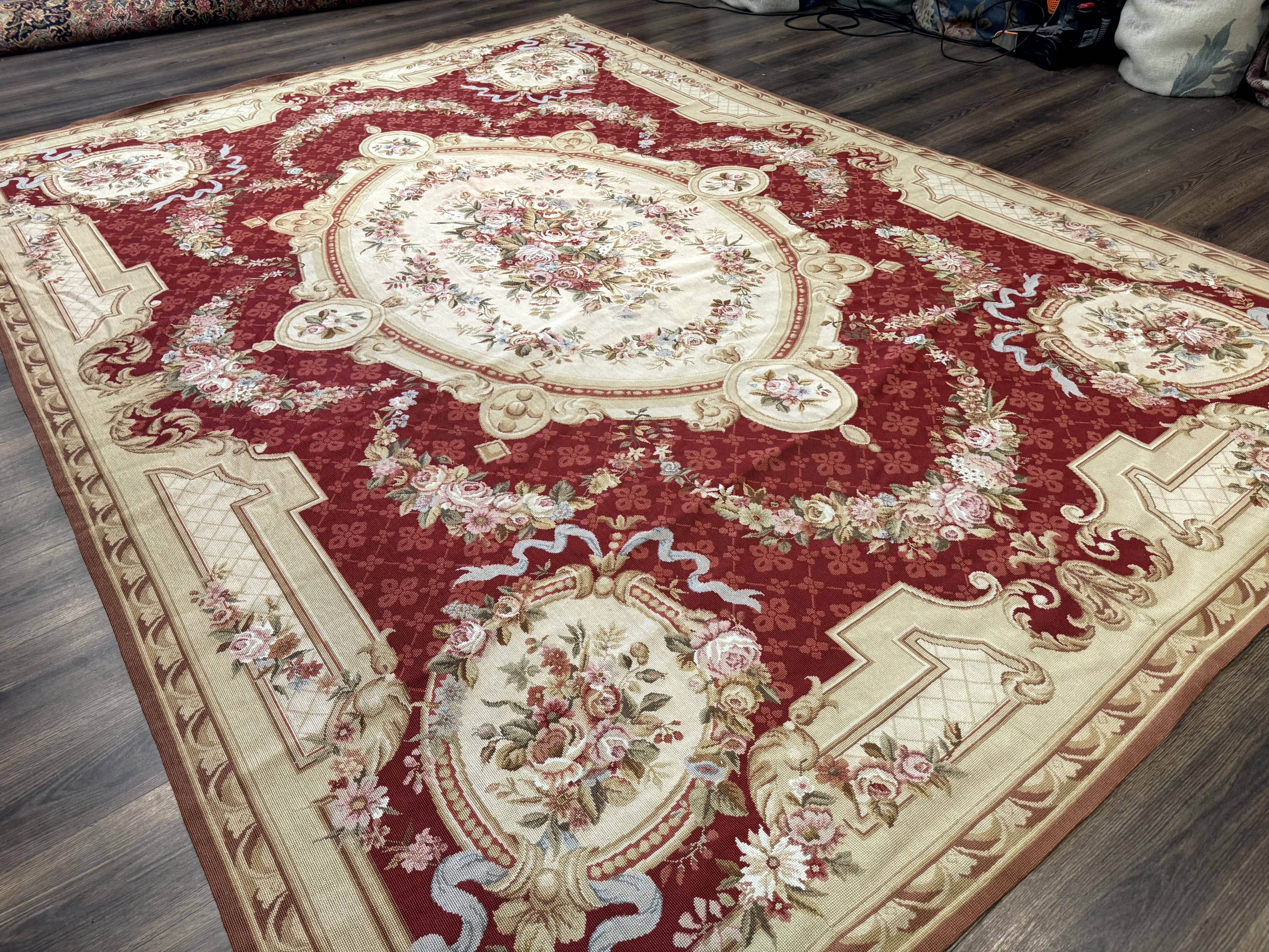 Aubusson Rug 8x11, Needlepoint Carpet, Red Ivory Beige, Vintage, French European Design - Jewel Rugs