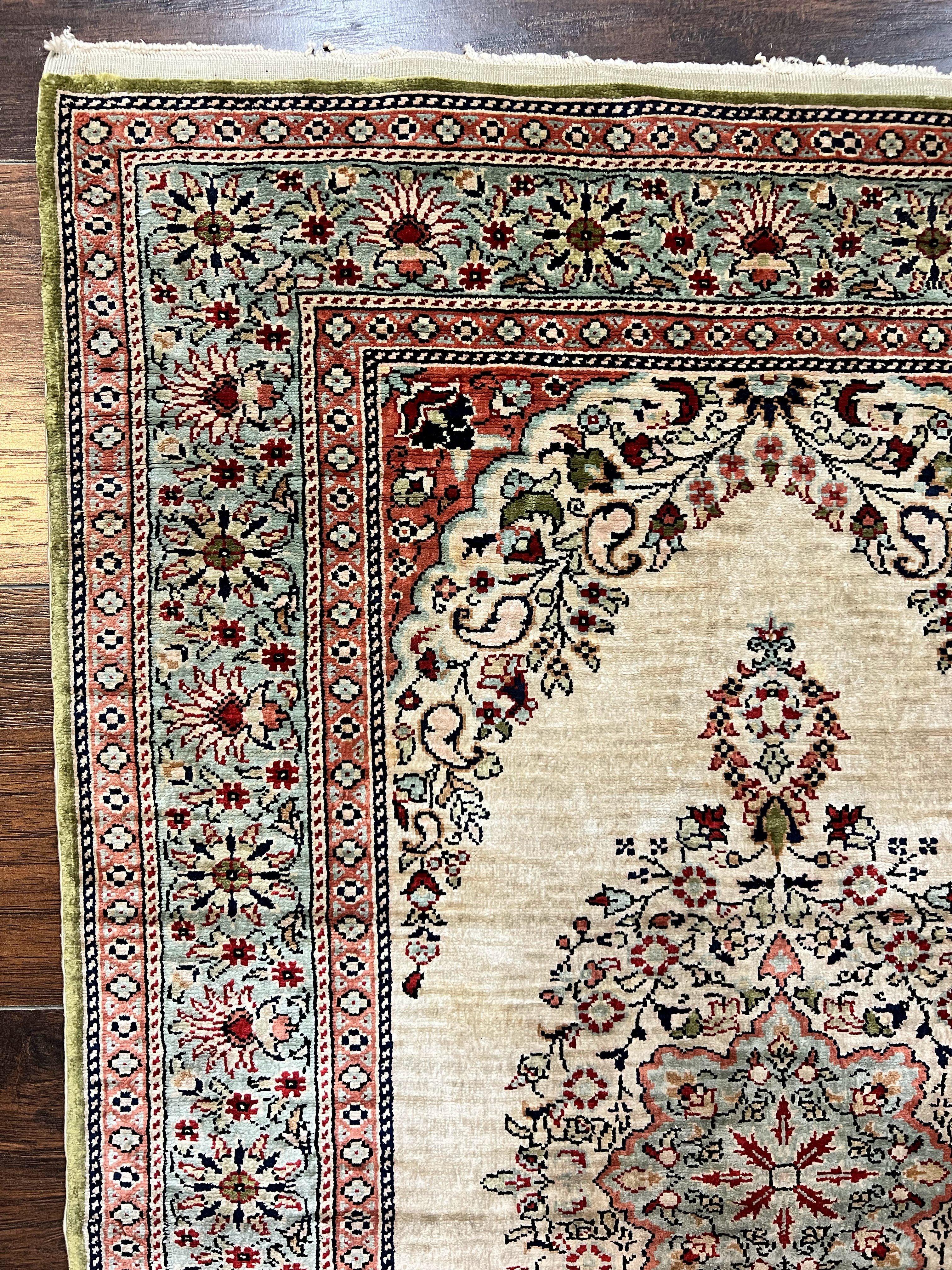 Silk Turkish Kayseri Rug 2x3, Very Finely Hand Knotted, Semi Open Field, Vintage, Silk Pile on Silk Foundation, 300 KPSI - Jewel Rugs
