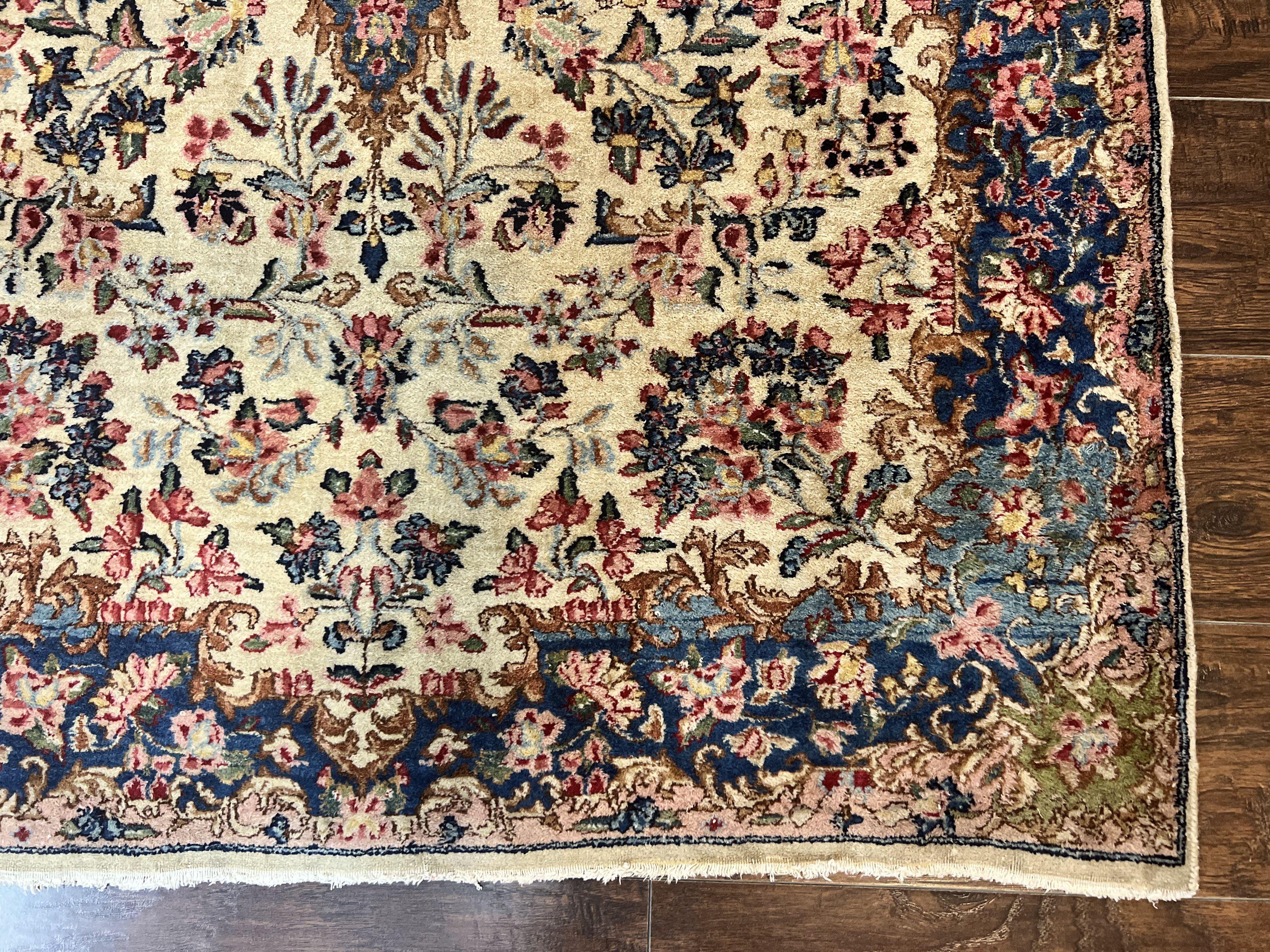 Antique Persian Kirman Rug 4x7, Cream and Navy Blue, Hand Knotted Wool Floral Carpet - Jewel Rugs