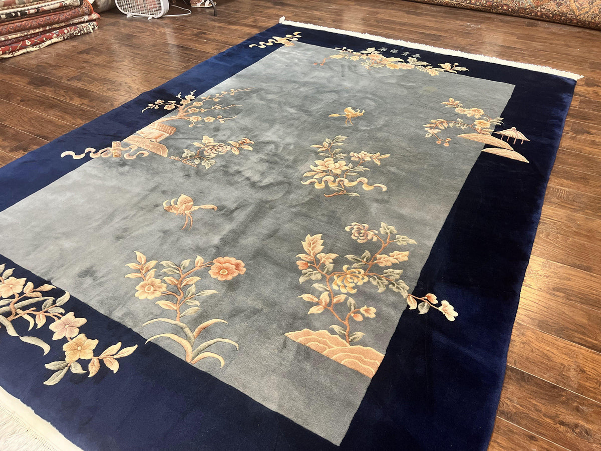 Chinese Wool Rug 9x11, Art Deco Carpet 9 x 11, Wool Handmade Vintage C Jewel Rugs