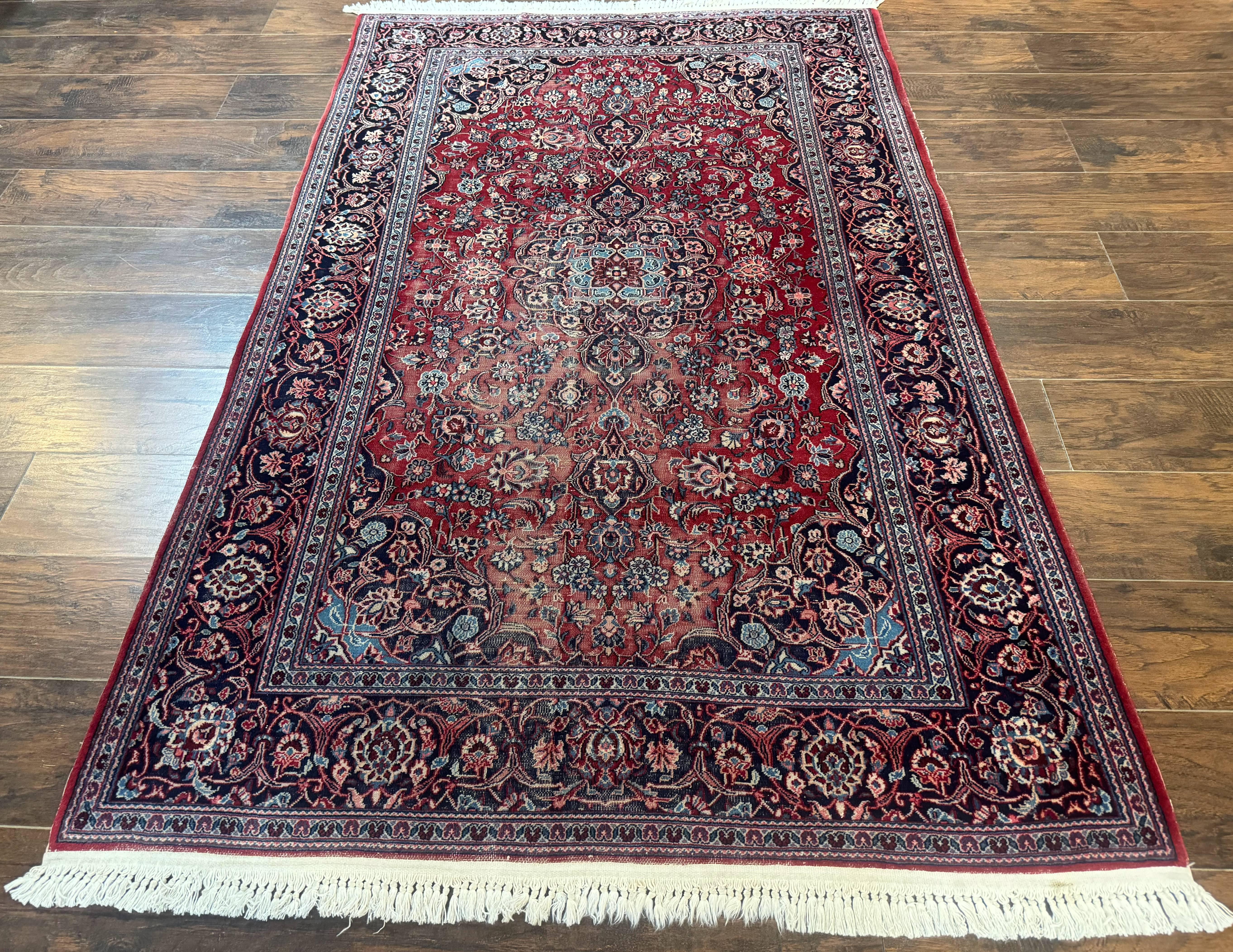 Antique Persian Kashan Rug 4x7, Red and Navy Blue, Floral Medallion, Traditional Oriental Carpet, Medium Low Pile - Jewel Rugs