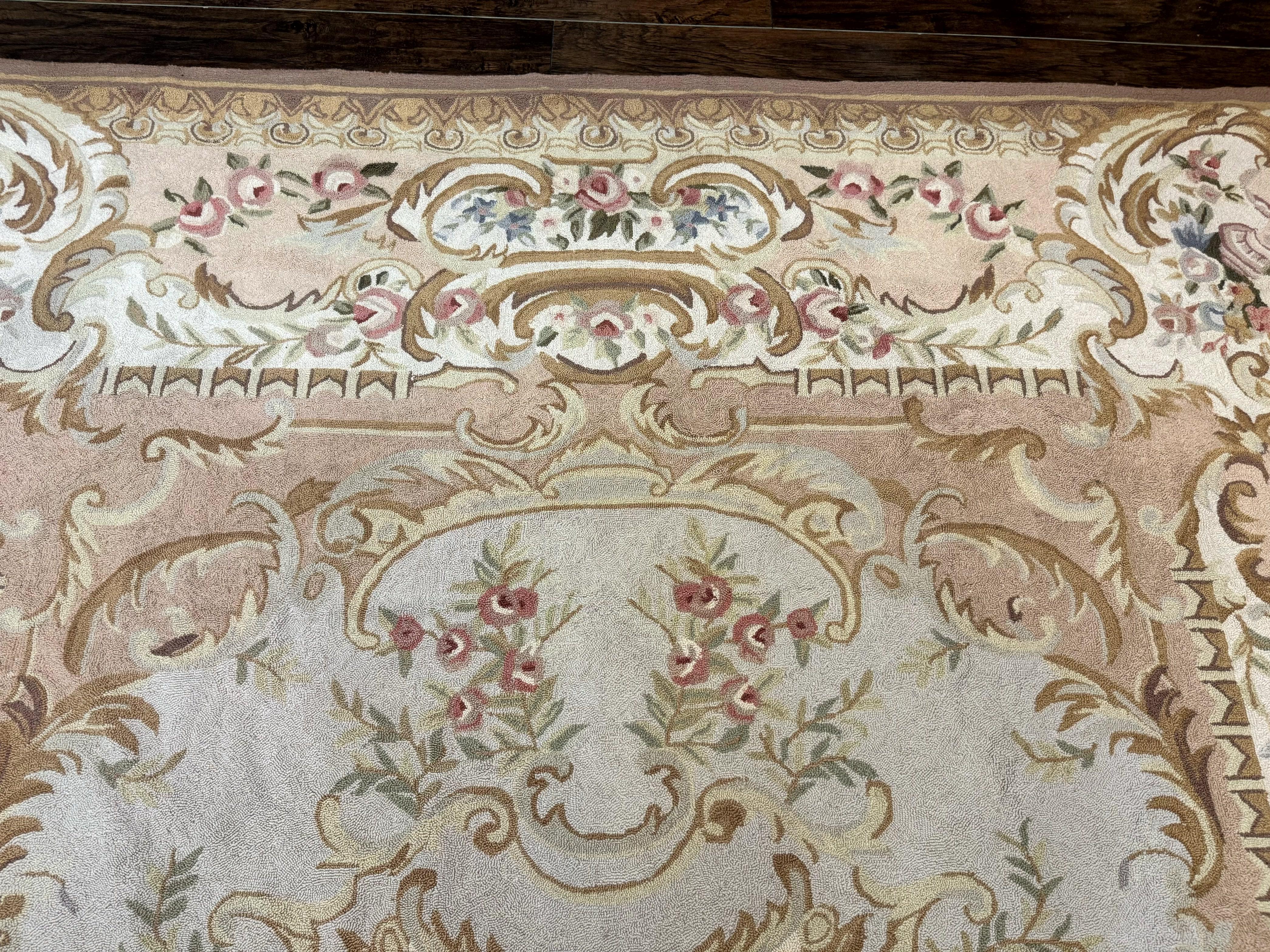 Hooked Aubusson Rug 8x11, Light Blue Ivory Beige Pink, Elegant European Design, Vintage - Jewel Rugs