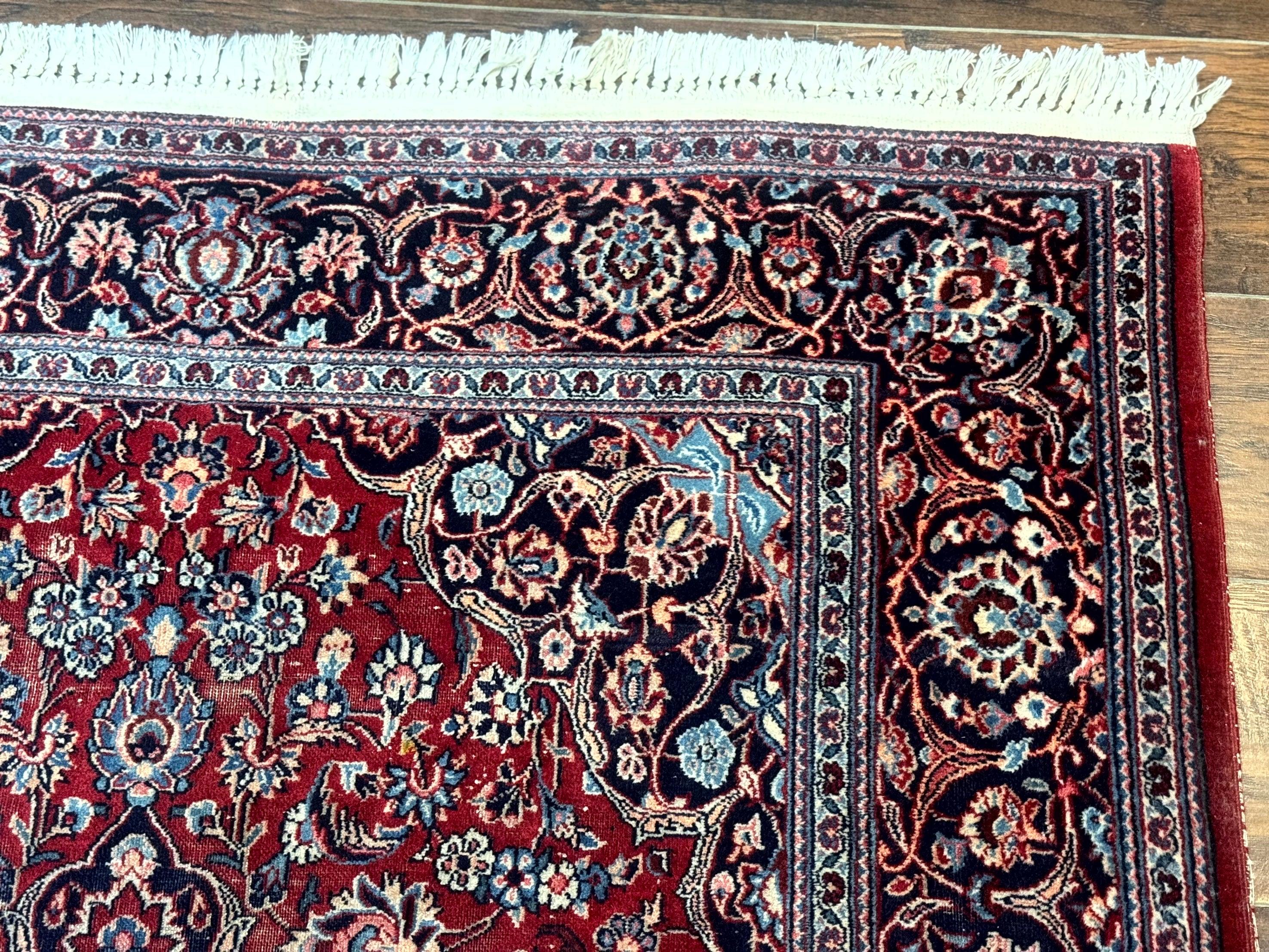 Antique Persian Kashan Rug 4x7, Red and Navy Blue, Floral Medallion, Traditional Oriental Carpet, Medium Low Pile - Jewel Rugs